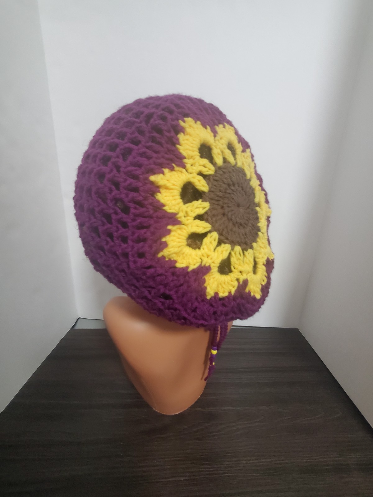 Crochet Flower Tam Slouch Hat With Drawstring Handmade One Size Dreadlock Beanie