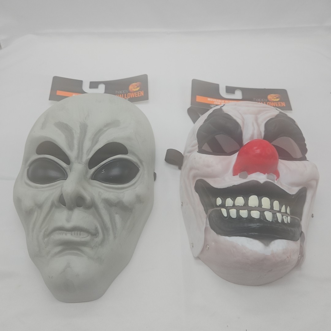 Lot of Two Halloween Masks Glow In Dark Alien And Moveable Clown Jaw Mask