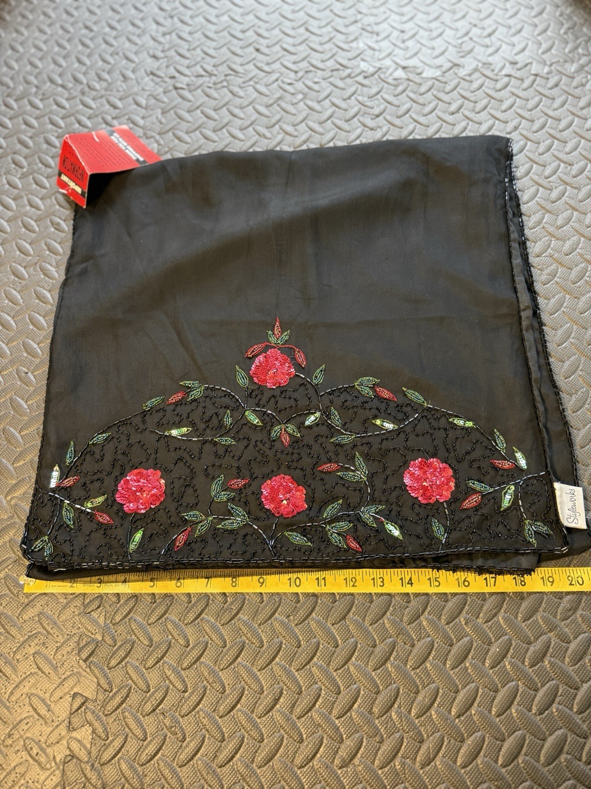 Styleworks Black Silk Scarf With Intricate Floral Beadwork New 20x76in