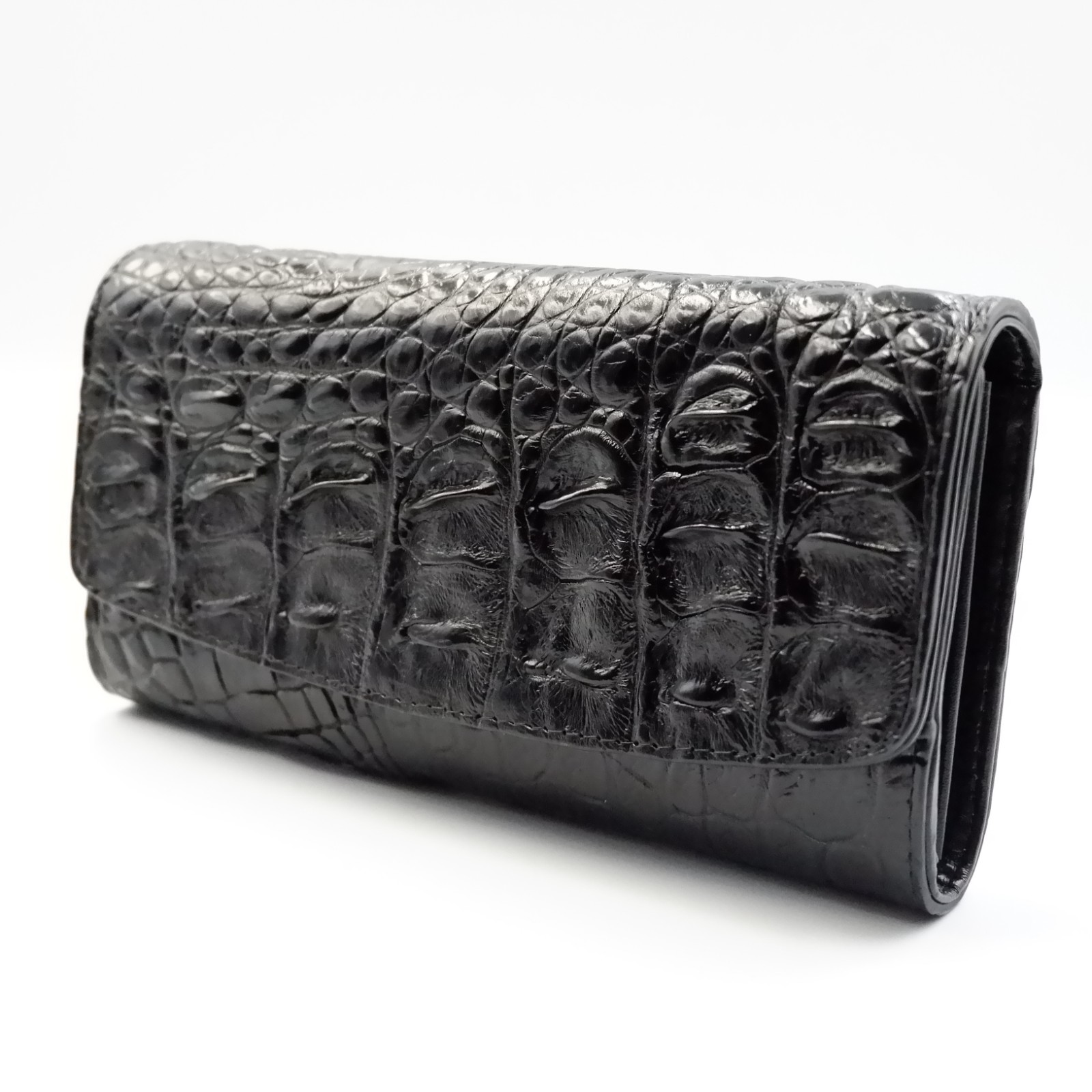 New Black Genuine Croc Leather BackBone Skin Women Tri-fold Clutch Wallet Purse.
