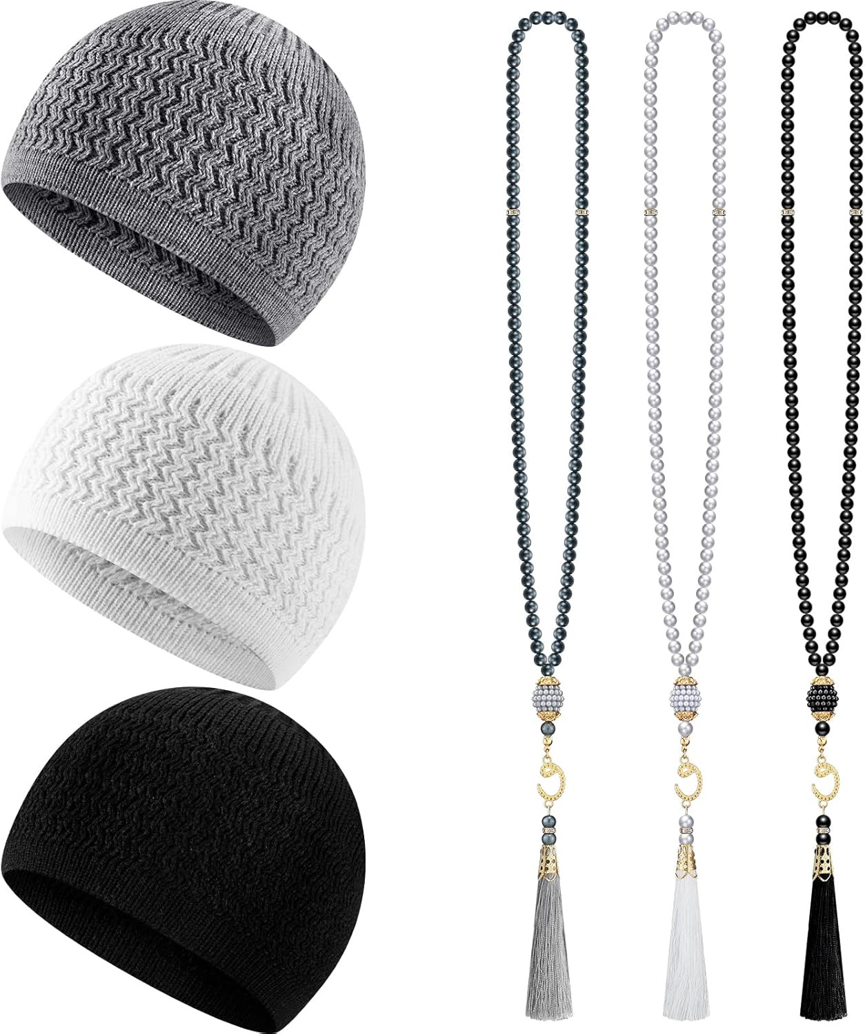 6 Pcs Kufi Hats for Men Muslim Hat and Prayer Beads Set Stretchy Taqiyah Cap Lar