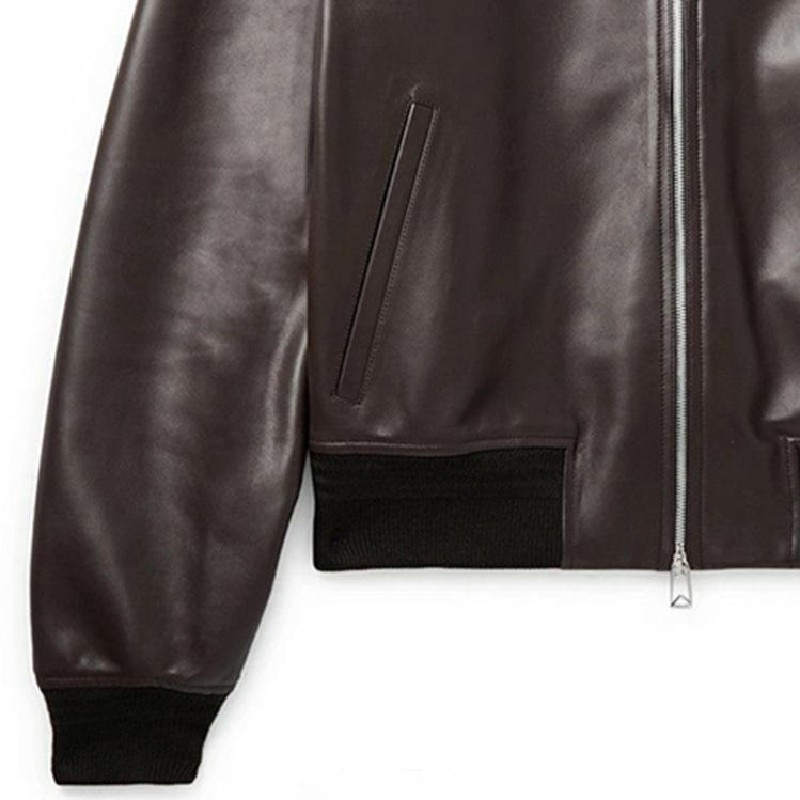 Hot Sale Men’s Brown Leather Jacket Classic Bomber Zip Front Ribbed Waist Jacket