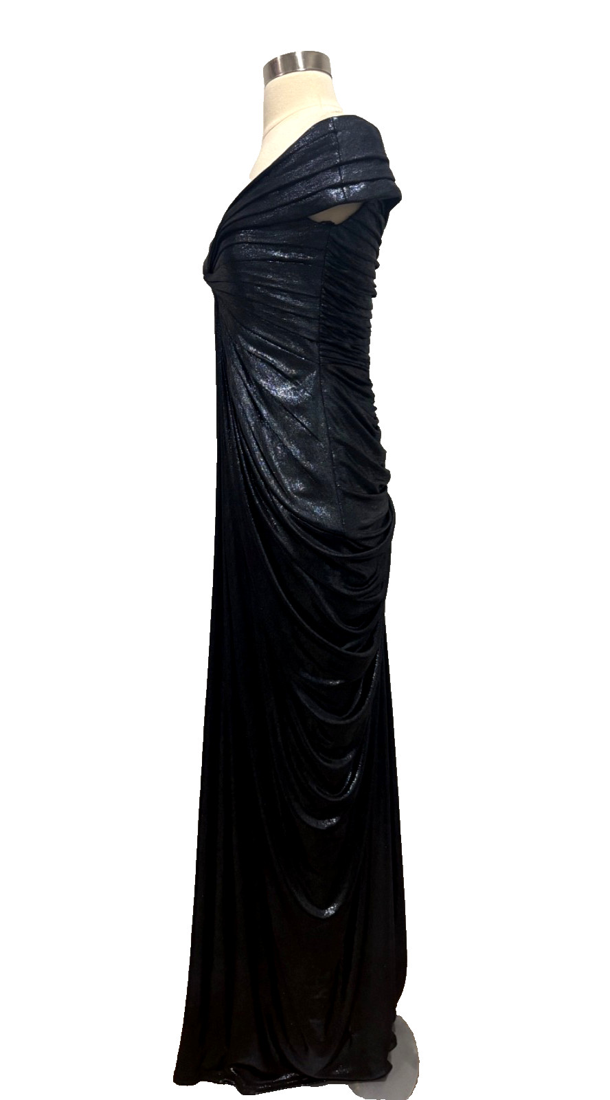 TADASHI SHOJI RUCHED OFF THE SHOULDDER BLACK METALLIC GOWN SIZE XS $488
