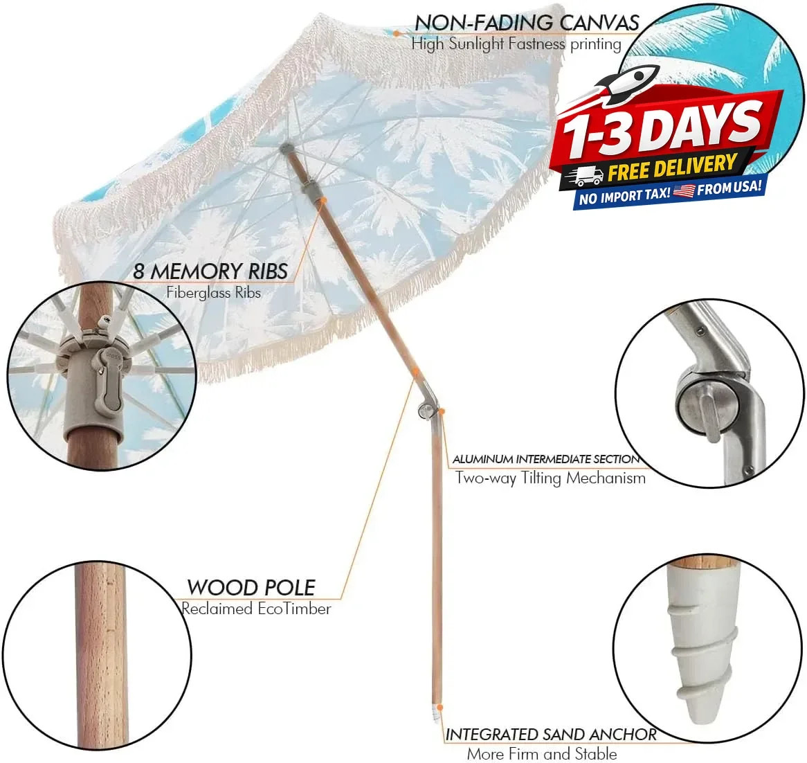 6.5Ft Boho Beach Umbrella with Fringe, Tassel Umbrellas with Tilting Wood Pole &