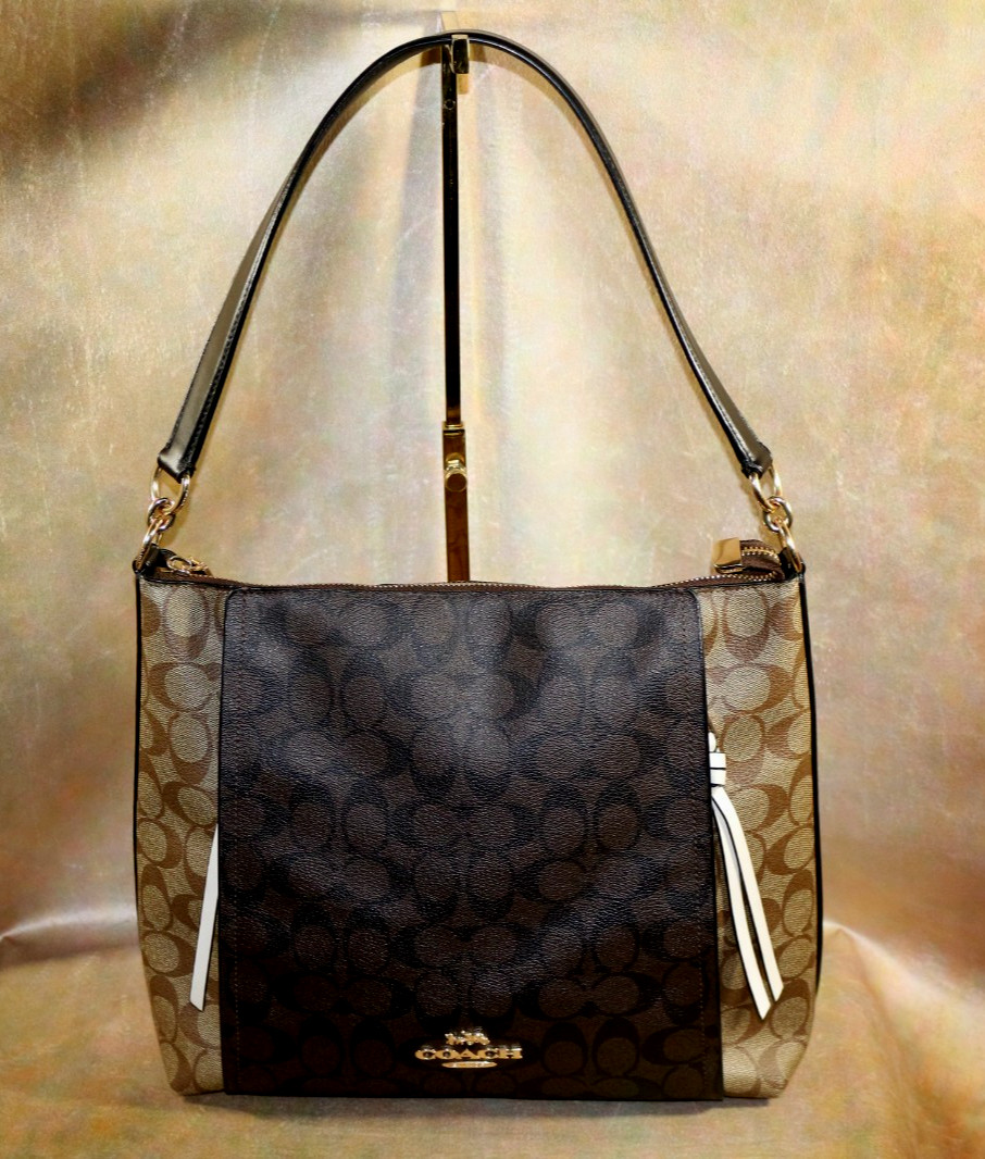 COACH SLIMLINE SIGNATURE C, LT & DK BROWN, BLACK ACCENTS, TWO SIDE ZIPPERS