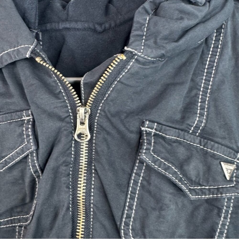 Guess jacket hood zip up logo pockets cargo Black Utility Jacket for Women