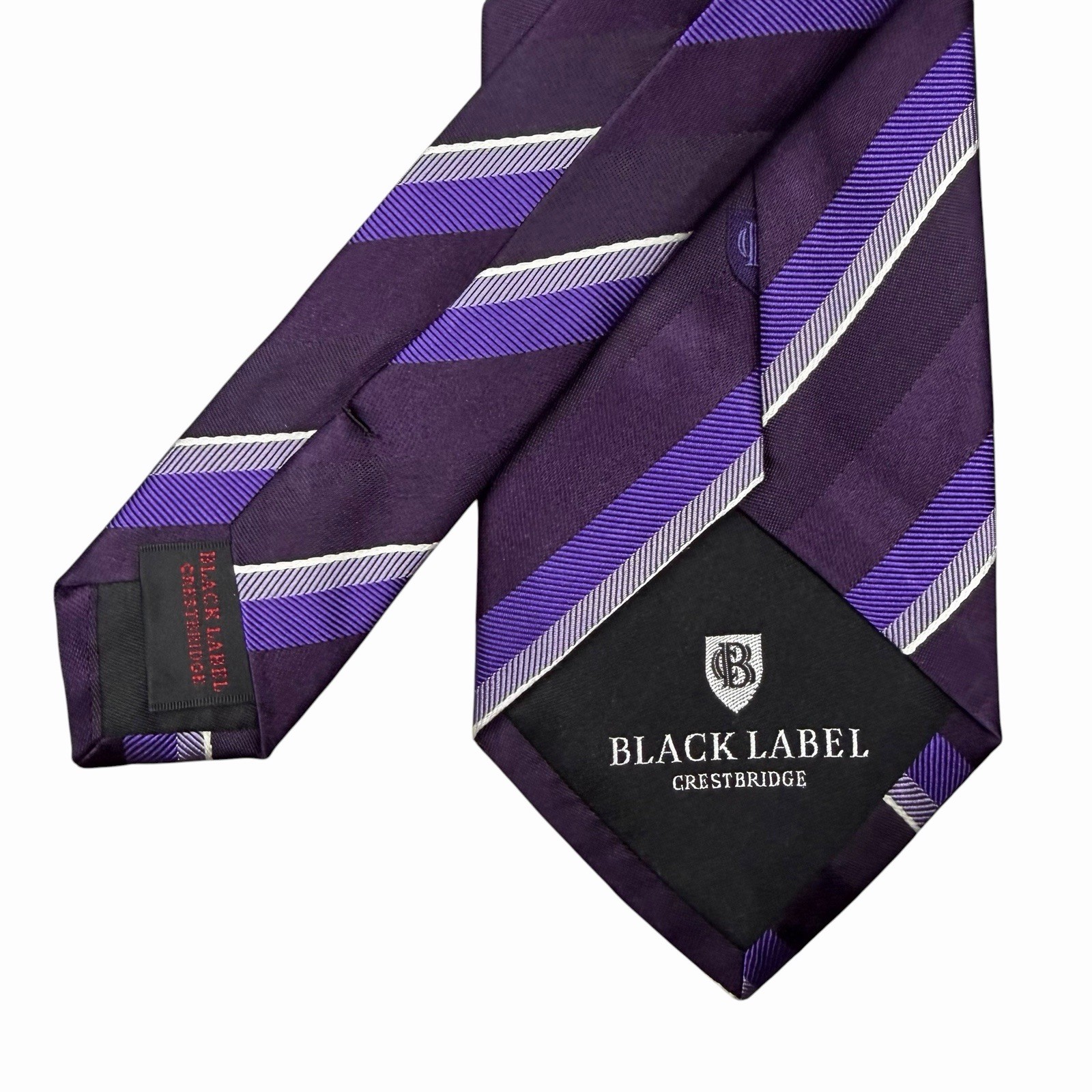 Black Label Crestbridge Mens Tie Purple Striped Satin Silk Japan 3.25″ x 59″ euc