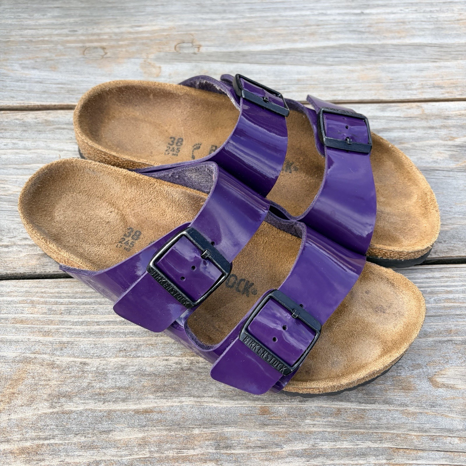 Birkenstock Arizona Patent Birko-Flor Sandals in Plum Size 38 7.5 US