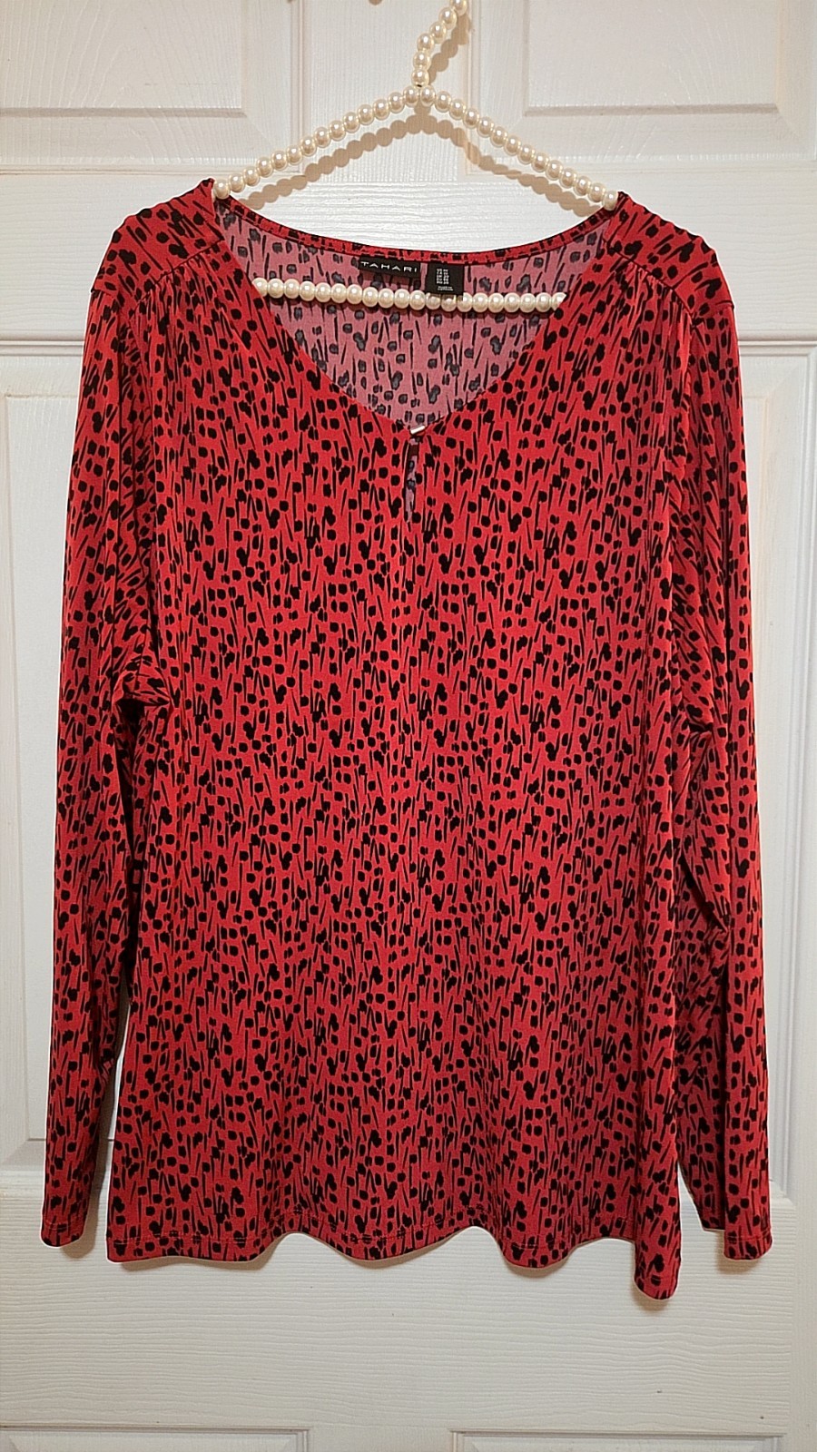 Tahari Women’s 1x Ls Pull On Dress Top Red + Black 10