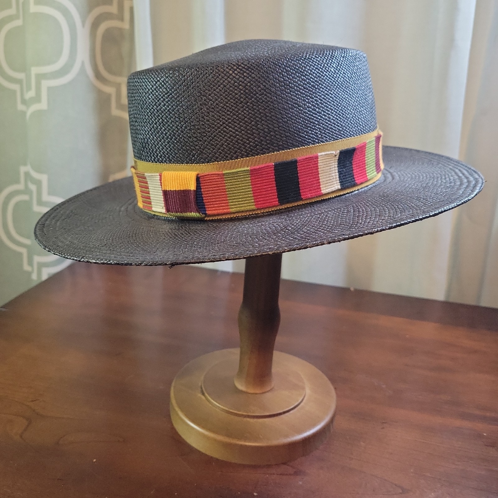 Goorin Bros Charcoal Flat Brim Panama Fedora Hat Toquilla Straw Boater 23″ 7 3/8
