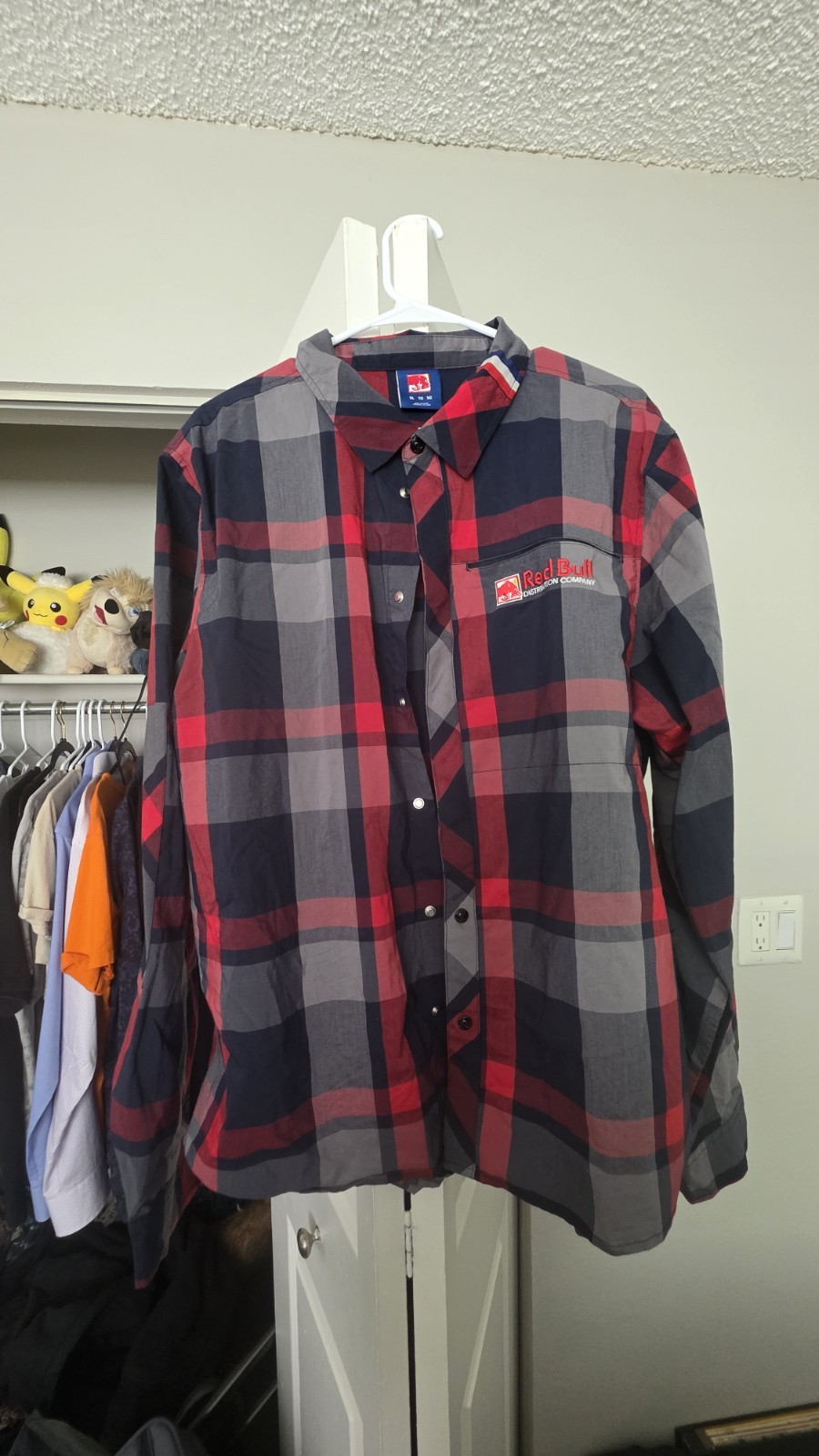 Red Bull Distribution Company Shirt Mens XL Red Plaid Snap Button Long Sleeve
