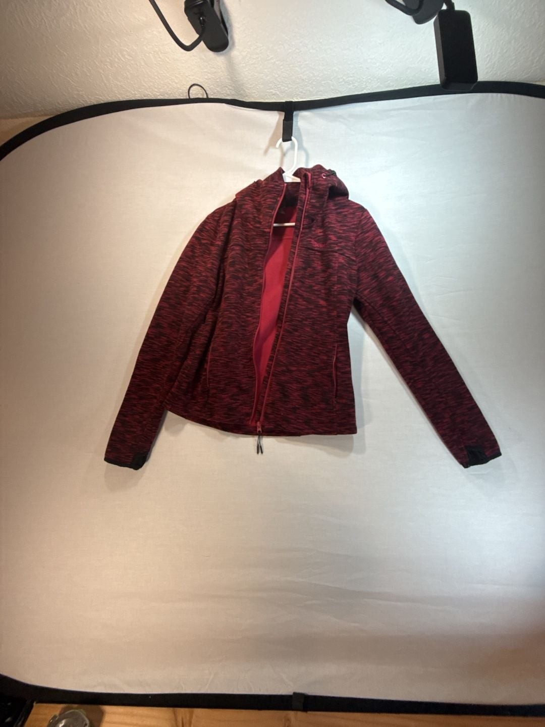 Bench Women’s Full Zip Hooded Fleece Jacket in Red/Black Marled Print