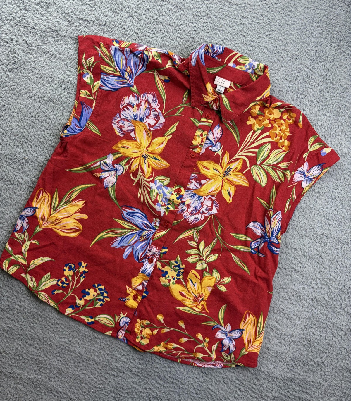 A New Day Blouse Womens Large Red Floral Button Front Collared Linen Tropical