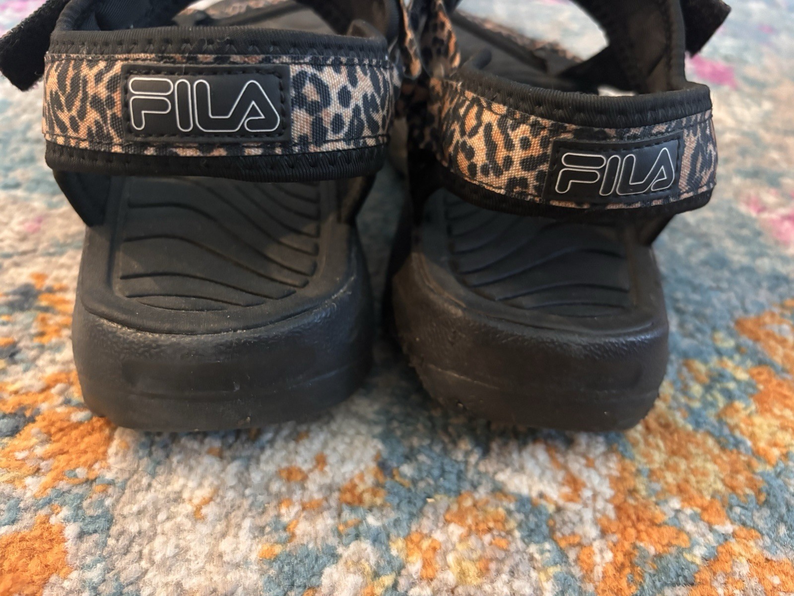 FILA Unisex Kids US 9 Black Leopard Strappy Sandals Adjustable Hook & Loop