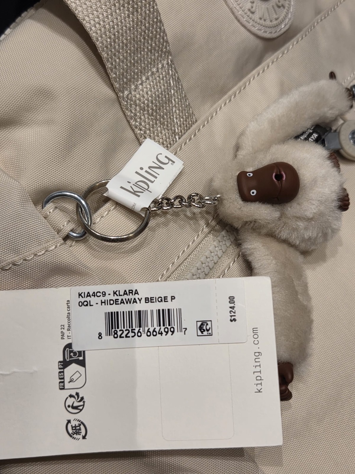 NEW Kipling Klara Satchel crossbody bag (Beige) with adjustable strap