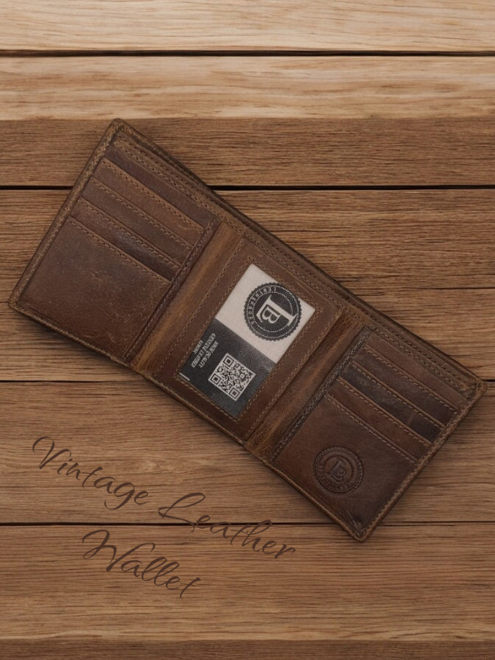 RFID Blocking Brown Vintage Leather Men’s Trifold Center Flap Wallet