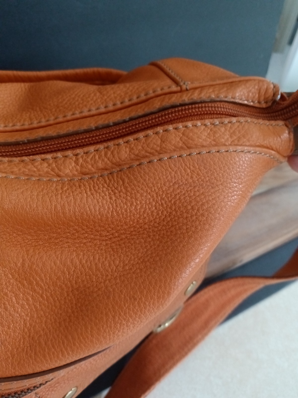 Fossil Crossbody Shoulder Bag Cognac Orange Leather Multi Pocket Brass
