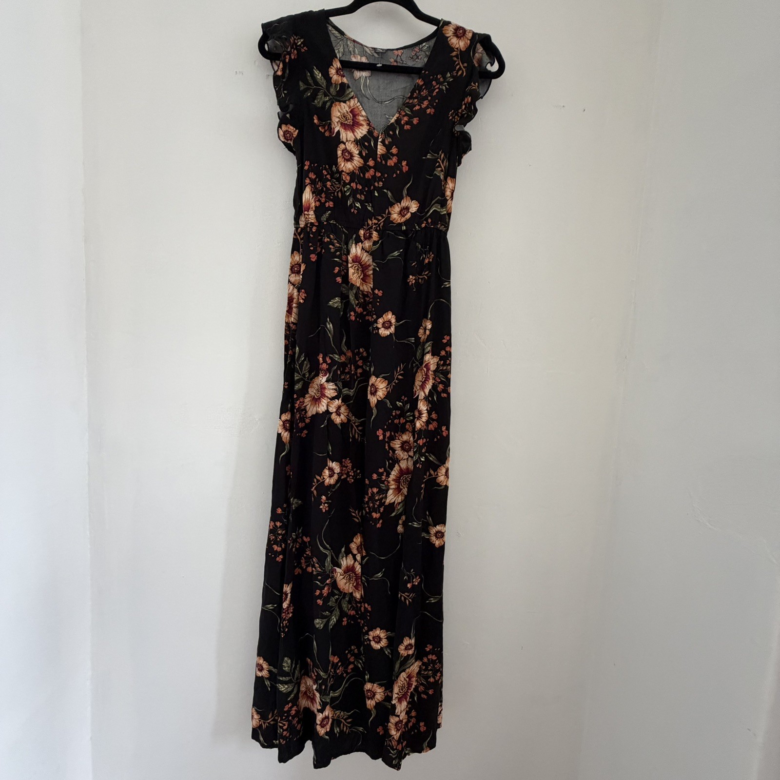SHEIN Floral Print Black Multicolor V Neck A-line Dress Flutter Sleeves Sz S VGC