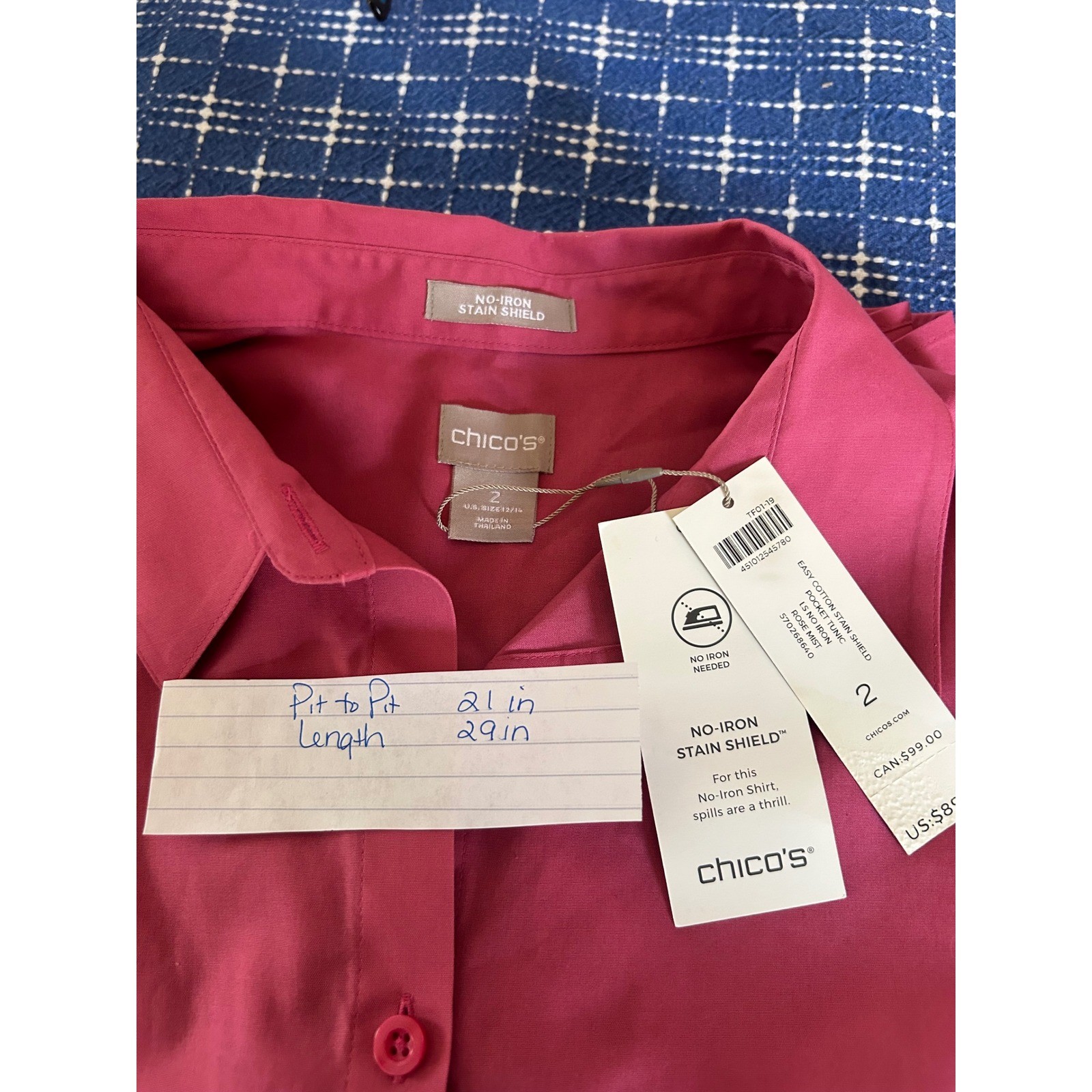 Chicos Rose Mist No-Iron Stain Shield Cotton Tunic Shirt Pink Size 2 Large 12/14