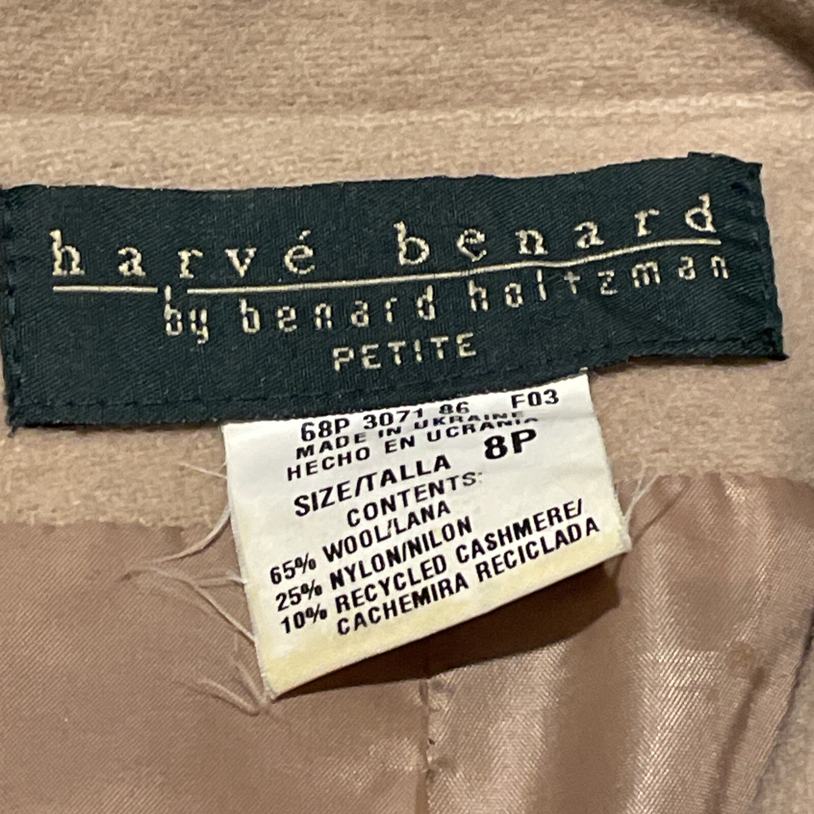 Harvé Benard Womens Jacket Blazer Wool Nylon Cashmere Tan Size 8P
