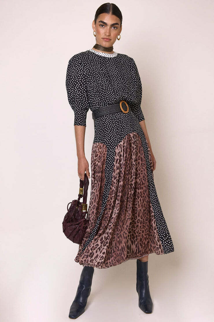 New Rixo Meg Leopard Polka Dot Short Sleeve Midi Dress XXS XS S M L XL 2XL 3XL