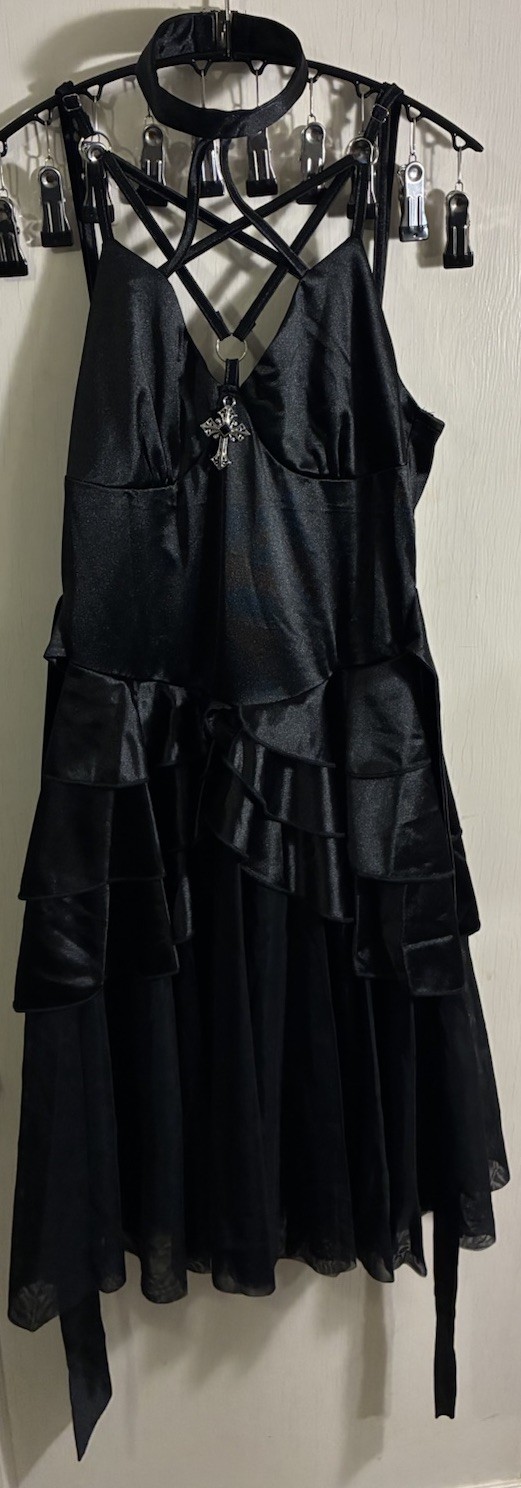 Romwe Goth Grunge Black Satin Tiered Dress with Choker & Cross Charm – Size XS