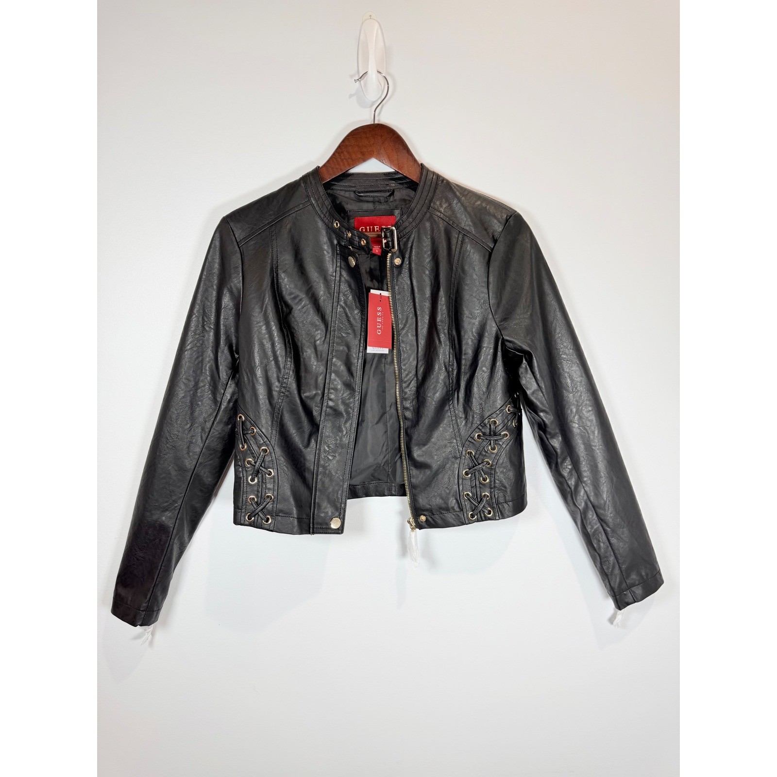 GUESS Ciena STC Moto PU Jacket Jet Black Lace Up Faux Leather R5RL61WGKP0 Size S