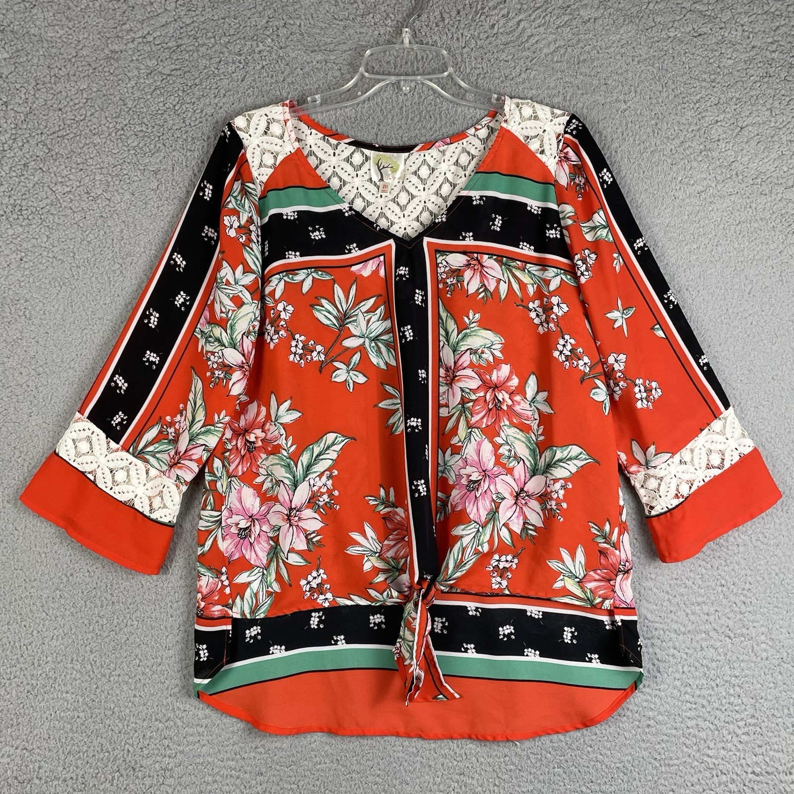 Fig and Flower Blouse Women M Floral Lace Tie Front 3/4 Sleeve Boho Colorful Top