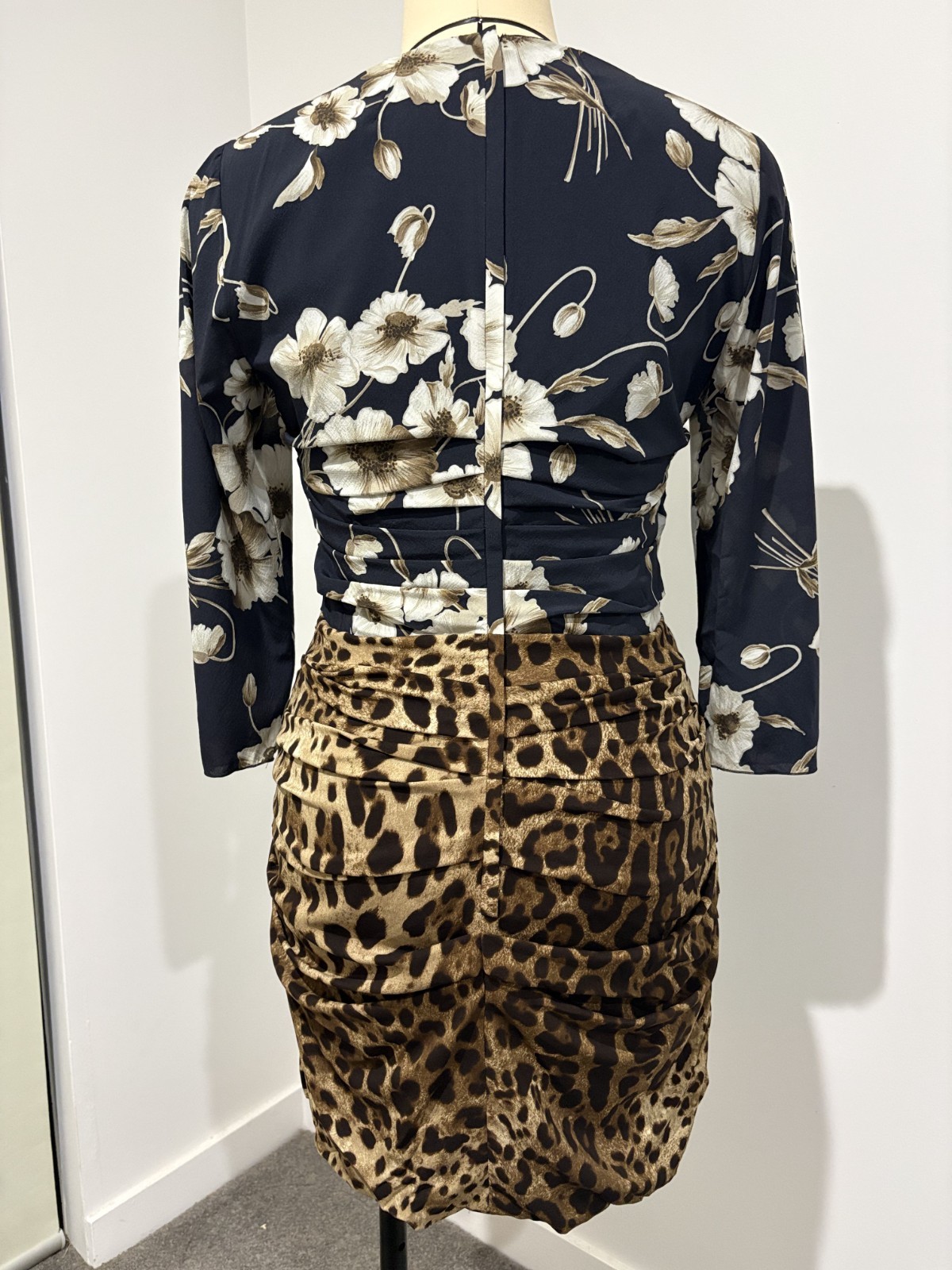 Dolce & Gabbana Floral and Leopard Mixed-Print Ruched Dress – Size 46