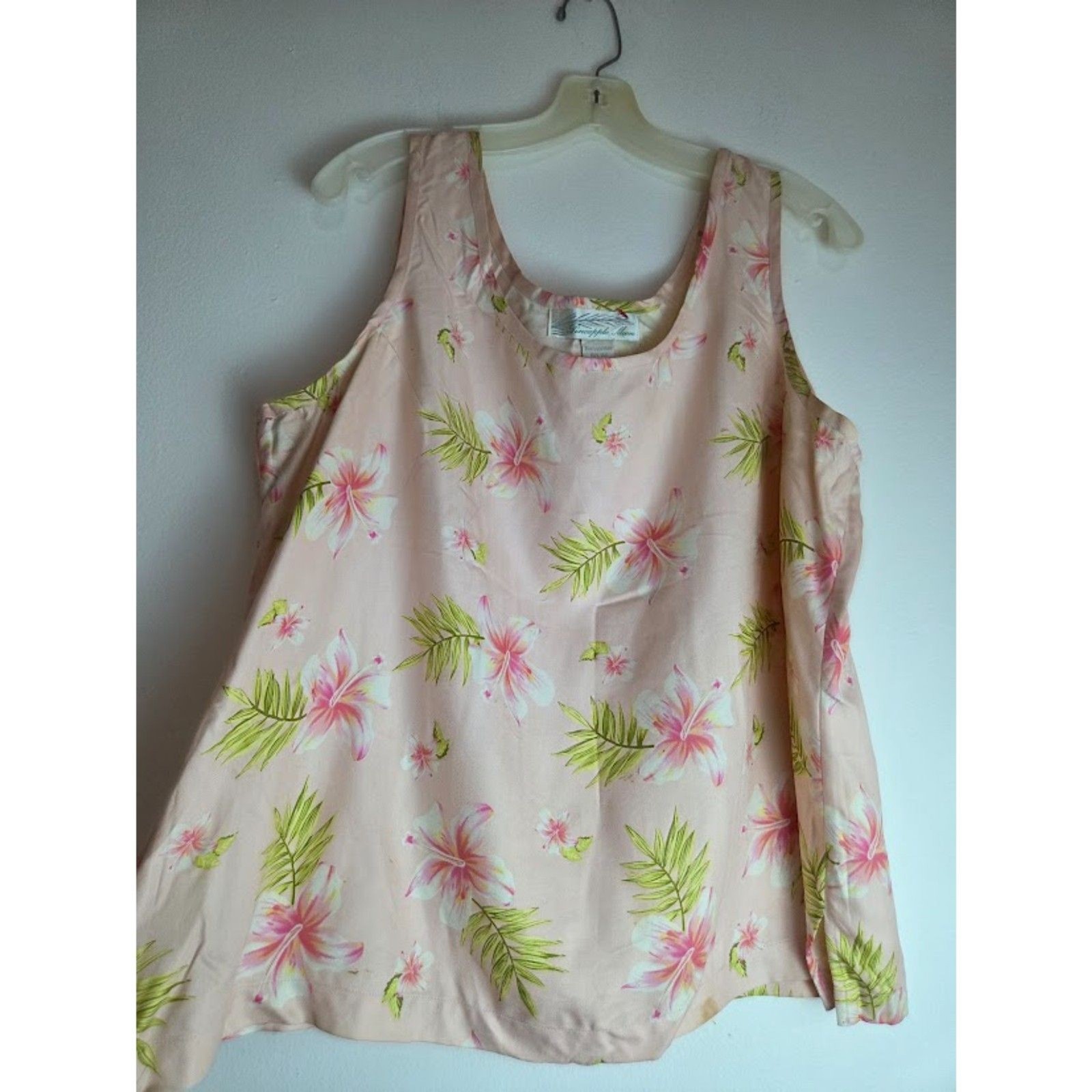 Pineapple Moon Light Pink Floral 100% Silk Sleeveless Satin Boxy Blouse size XL