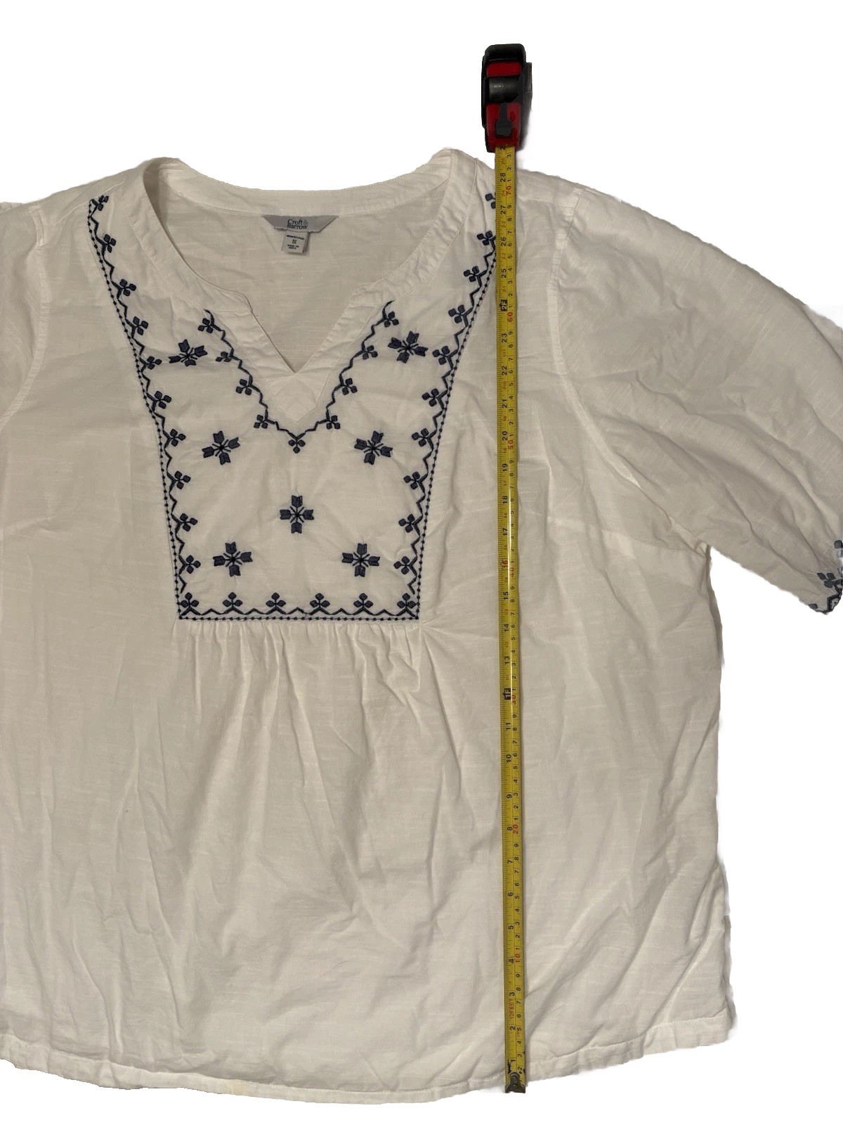 Croft & Barrow Womens 1X White Embroidered Tunic Top Blue Boho Peasant Cotton