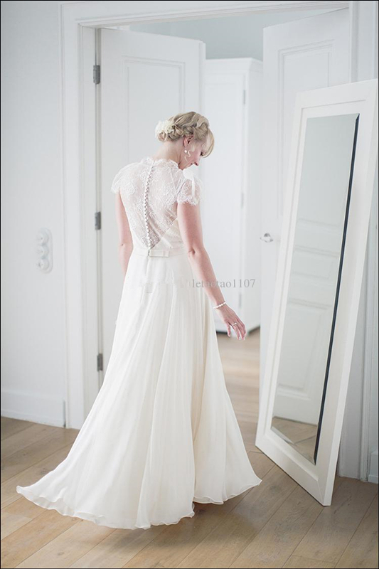 Cap Sleeve Lace Boho Wedding Dress Chiffon Elegant Bridal Gown 4 6 8 10 12 14 16
