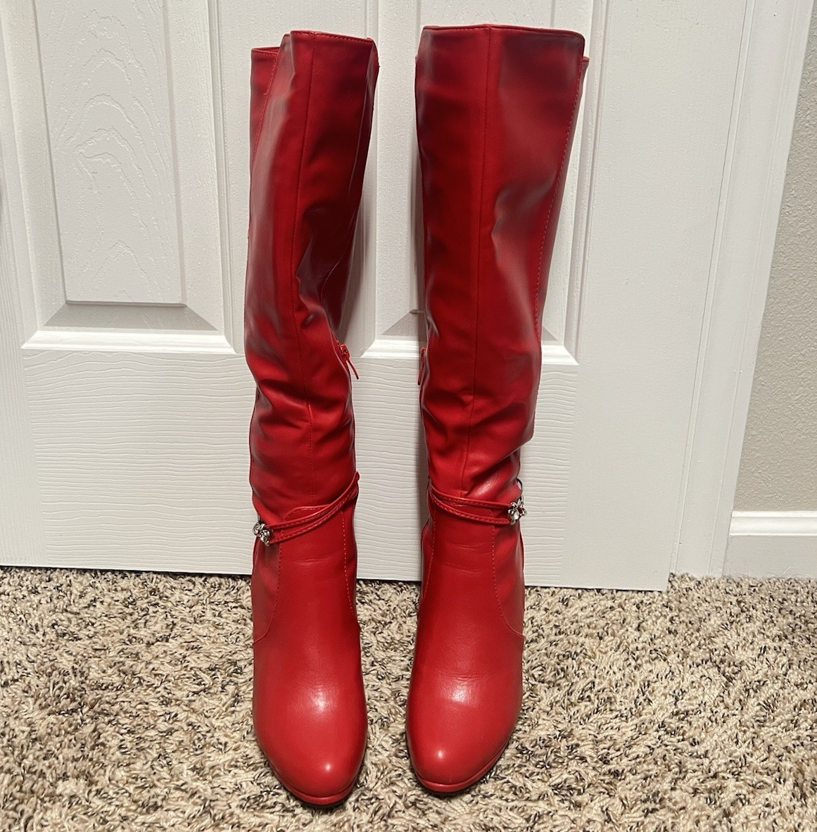Dream Pairs Women’s Red Knee High Boots Zip Stiletto Round Toe PU 7.5