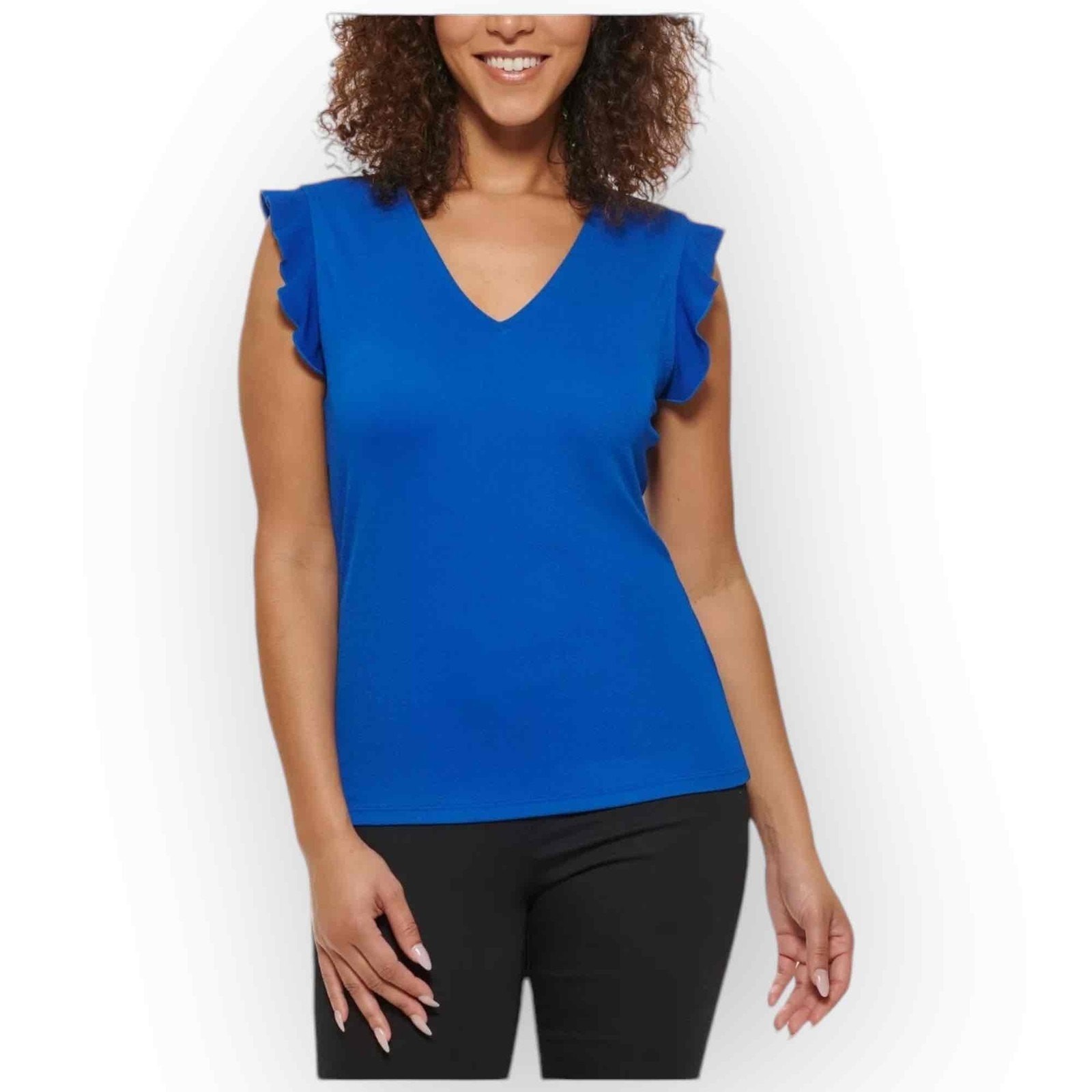 Andrew Marc Womens Short Ruffle Sleeve Blouse V-Neck, Regatta Blue, N254S