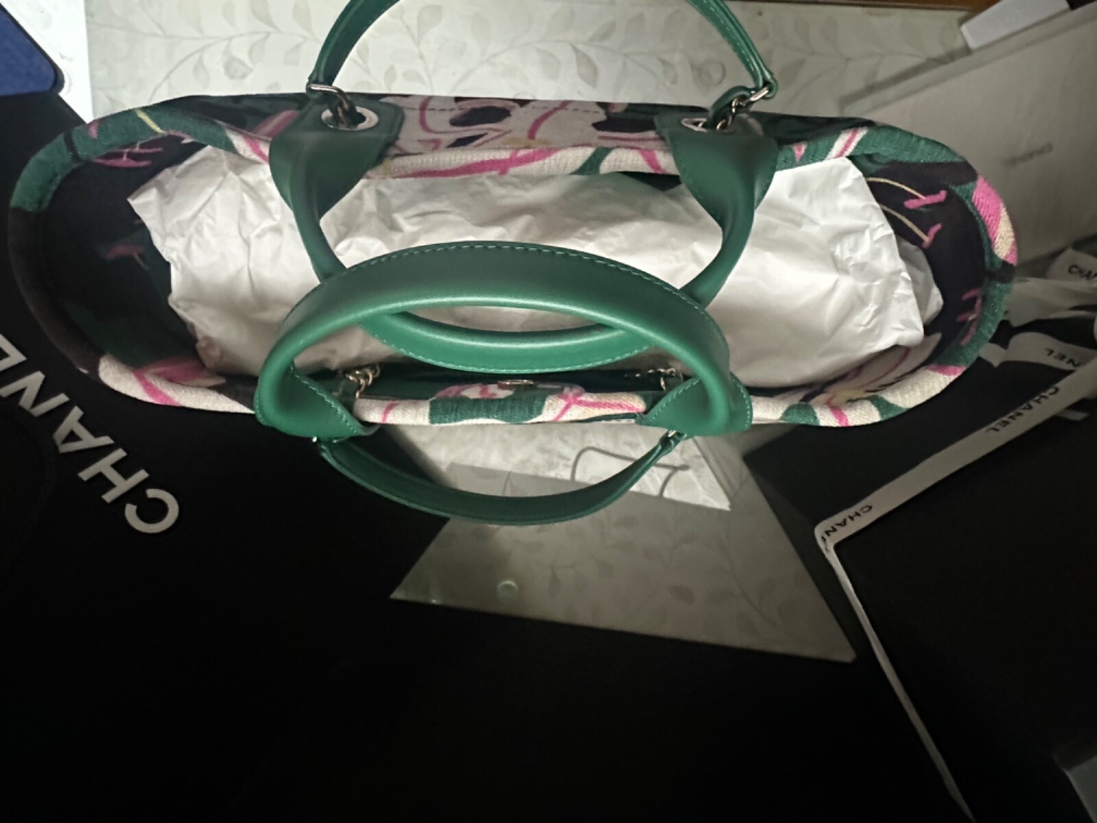 New 23A CHANEL LARGE Shopping Deauville Tote Pink Lilly Green Black + Pouch Bag
