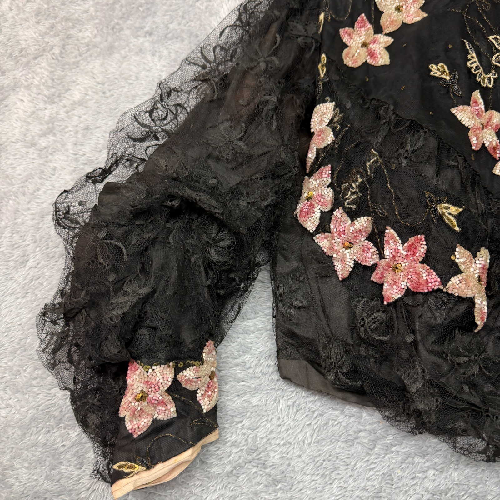 Antique Edwardian Jacket Black Pink Floral Beaded Silk Victorian Early 1900s
