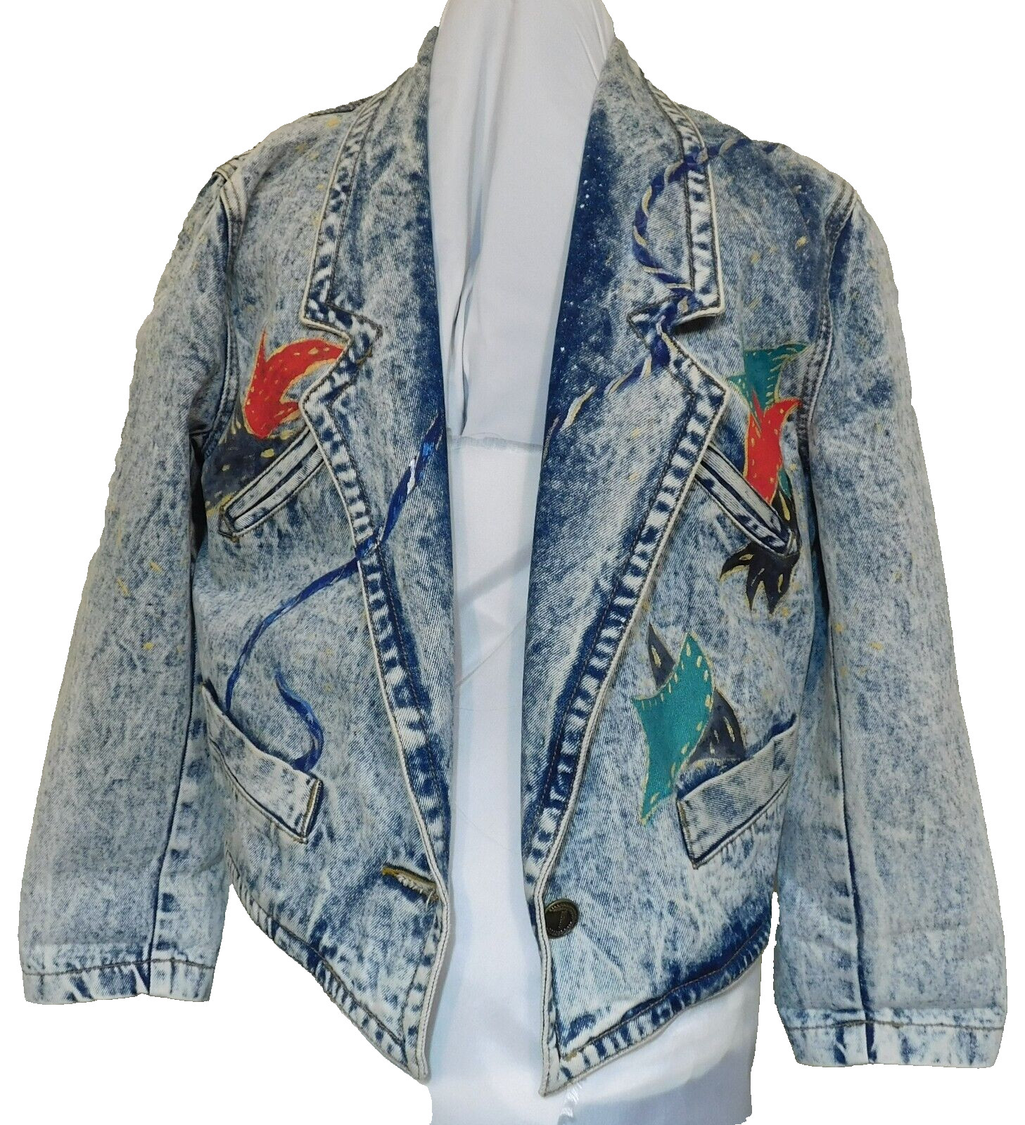 Jordache VTG 80s Womens Sand Wash Denim Jean Jacket Applique 34″ chest Small