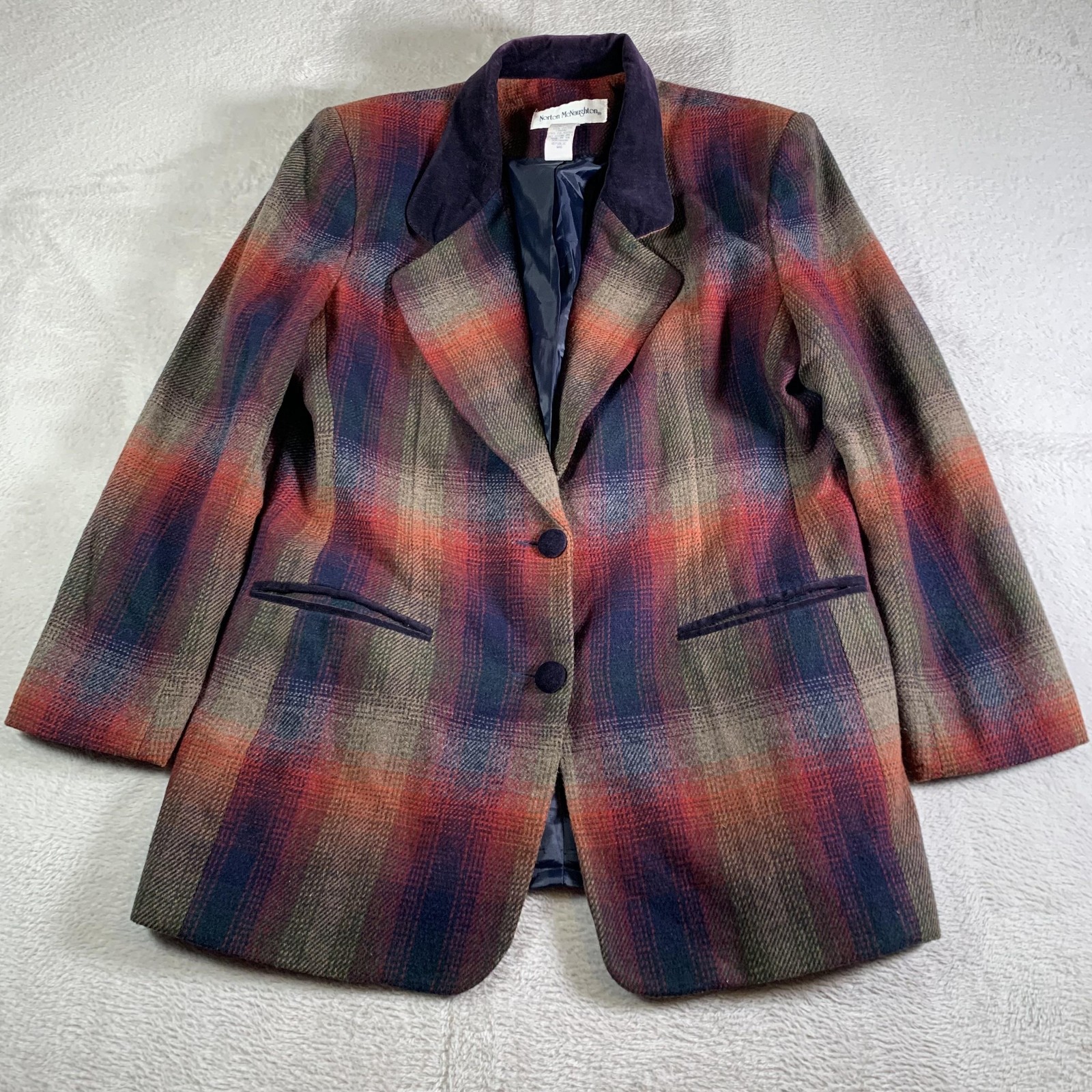 Vintage Norton McNaughton Blazer Womens 10 Multicolor Plaid Wool Velvet Collar