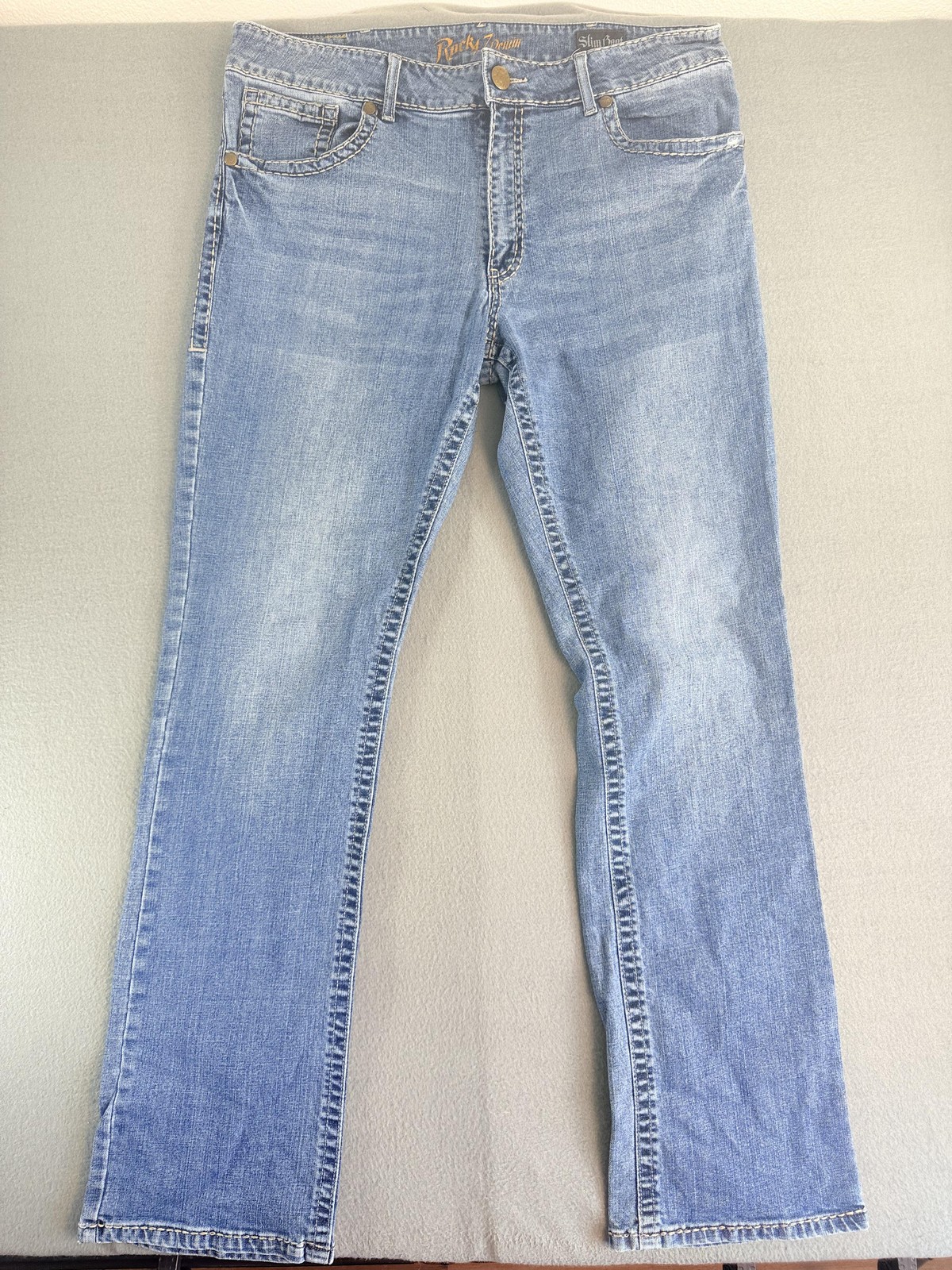 Wrangler Rock 47 Slim Boot Jeans Mens 38×36 Light Wash Blue Slim Bootcut Denim