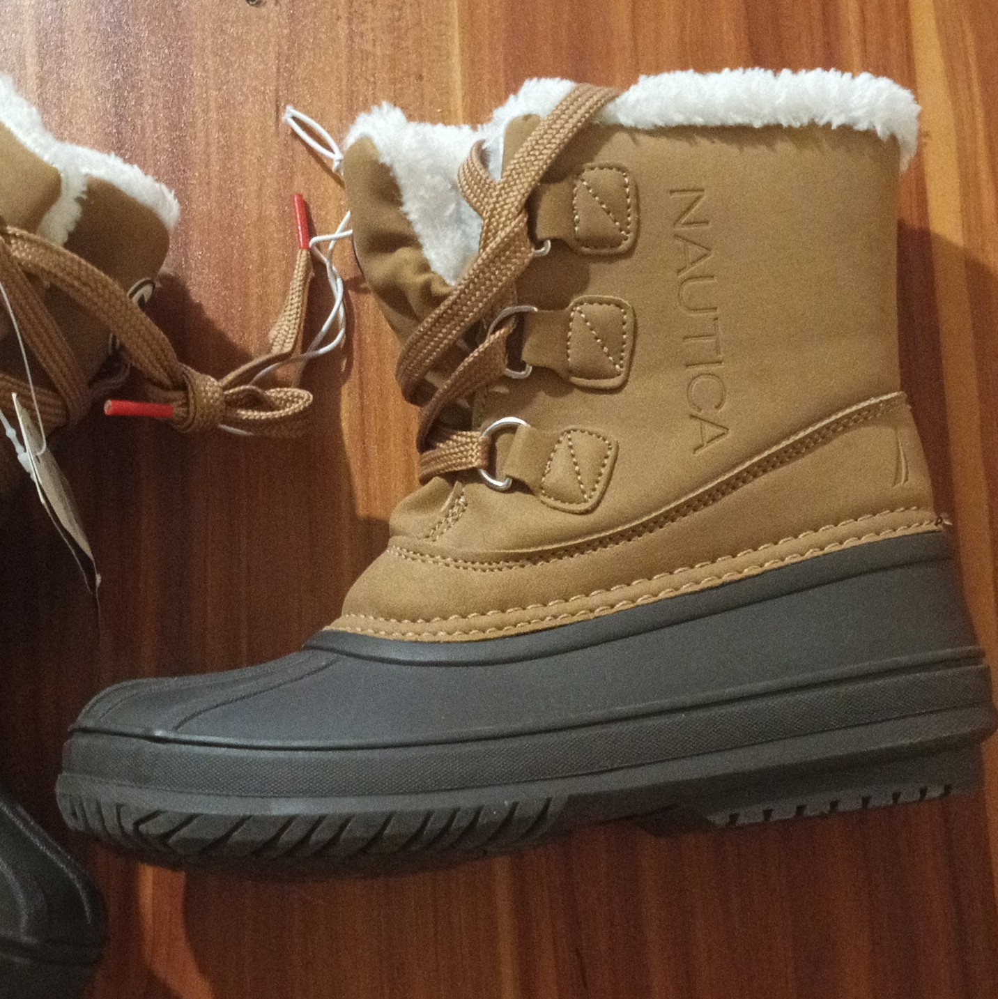 Nautica Ayce Youth Boys Snow Boots Tan/Gray Lace Up Faux Fur Lined Size 2M