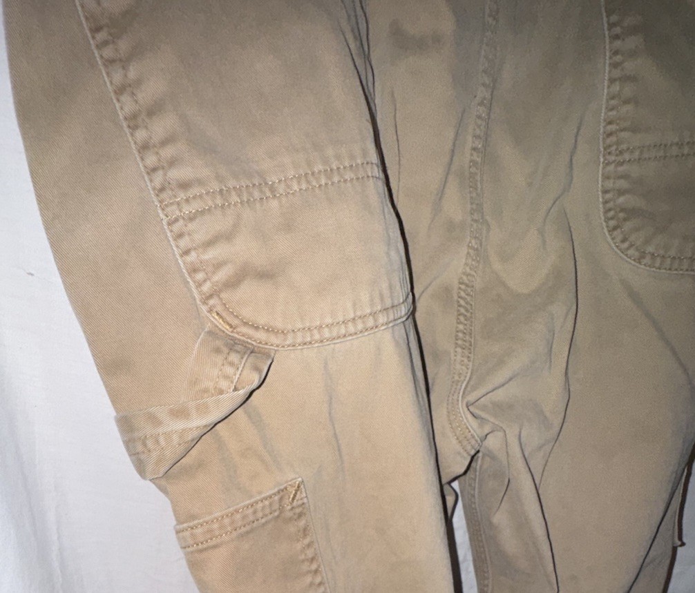 Carhartt Carpenter Work Pants 38×31 * Beige 100% Cotton Tool Pocket Hammer Loop