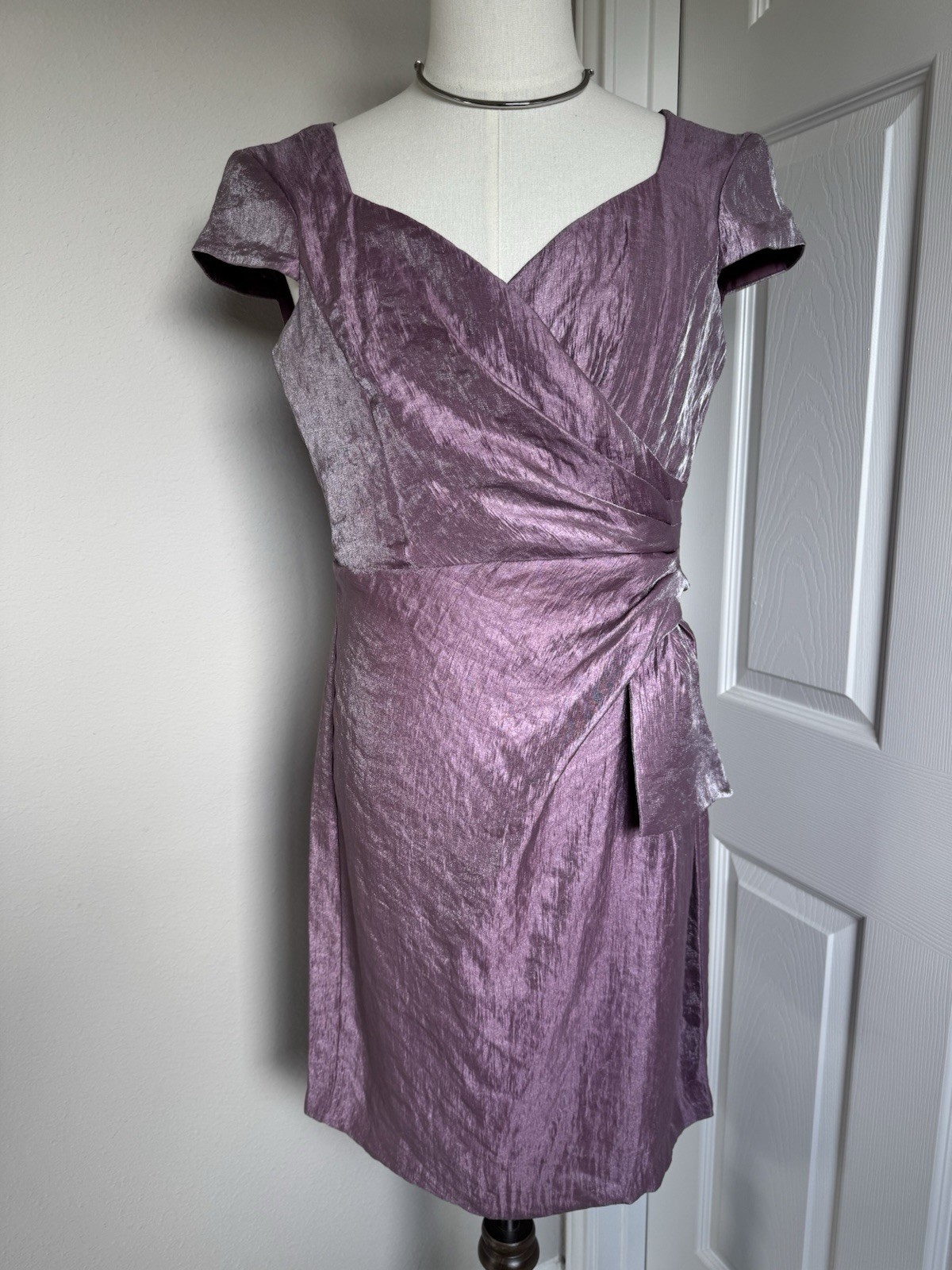 London Times Shimmer Purple Side Drape Short Sleeve Sheath Cocktail Dress 8