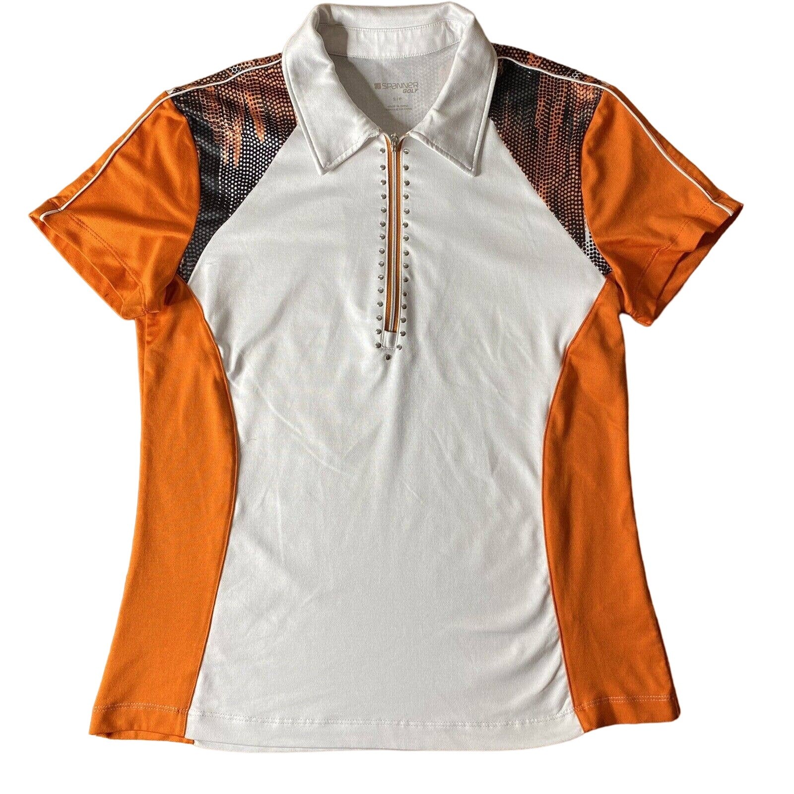 Spanner Golf Women’s Size Small Top 1/2 Zip Orange White Short Sleeves, Collar