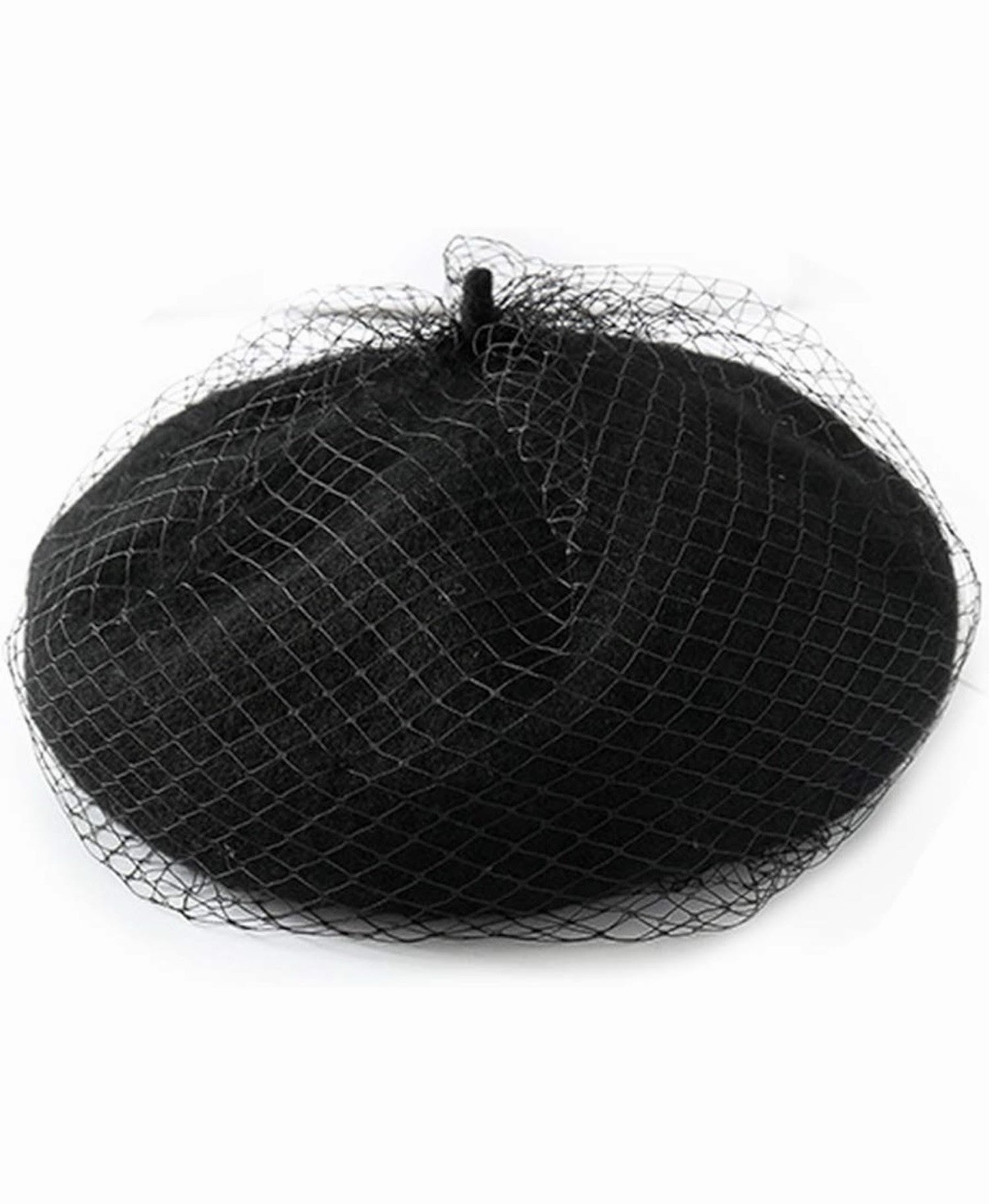 Ladies Wool French Beret Solid Black Beanie Cap Hat with Netting Veil