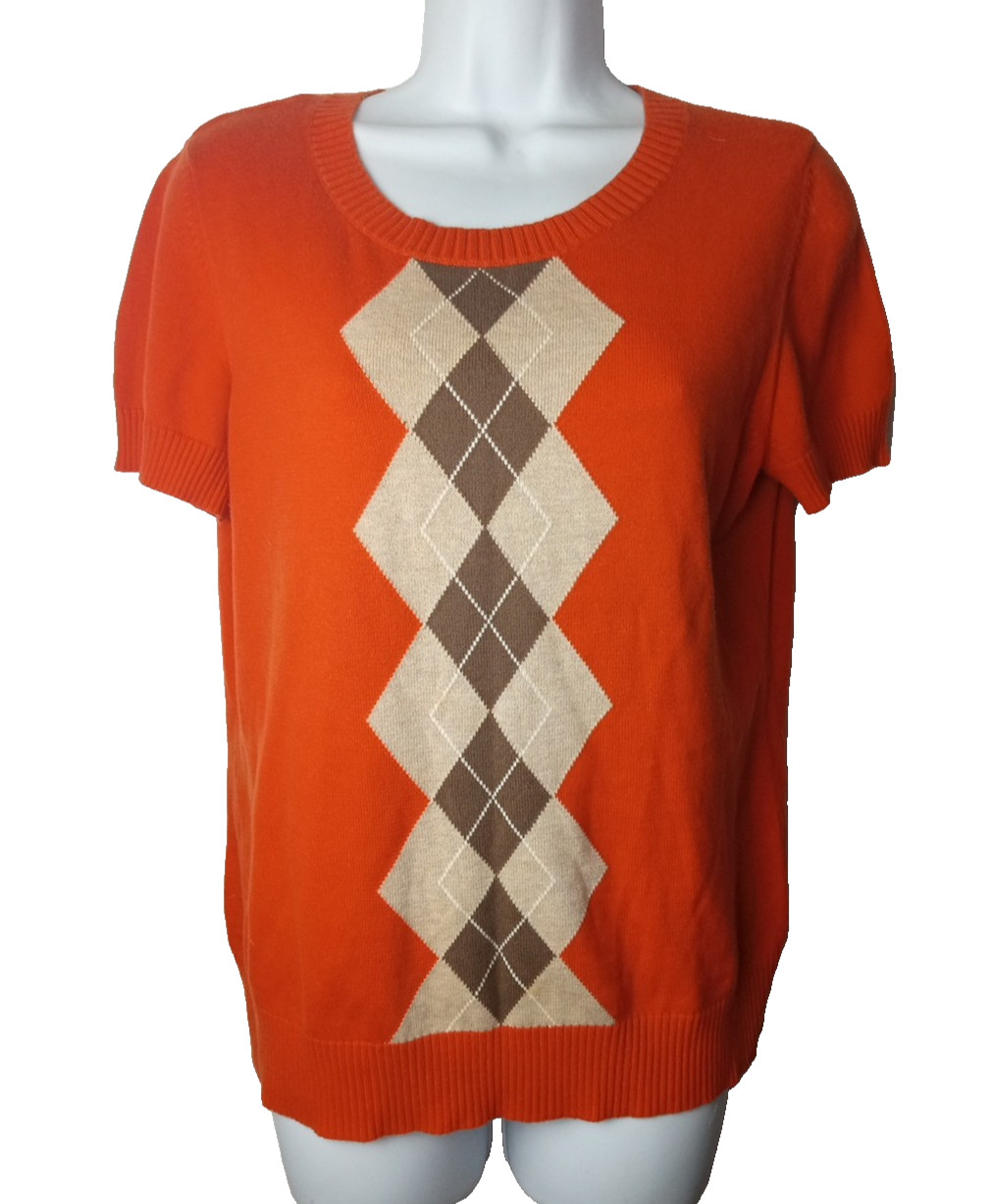 Izod Argyle Short Sleeve Orange Sweater Size M