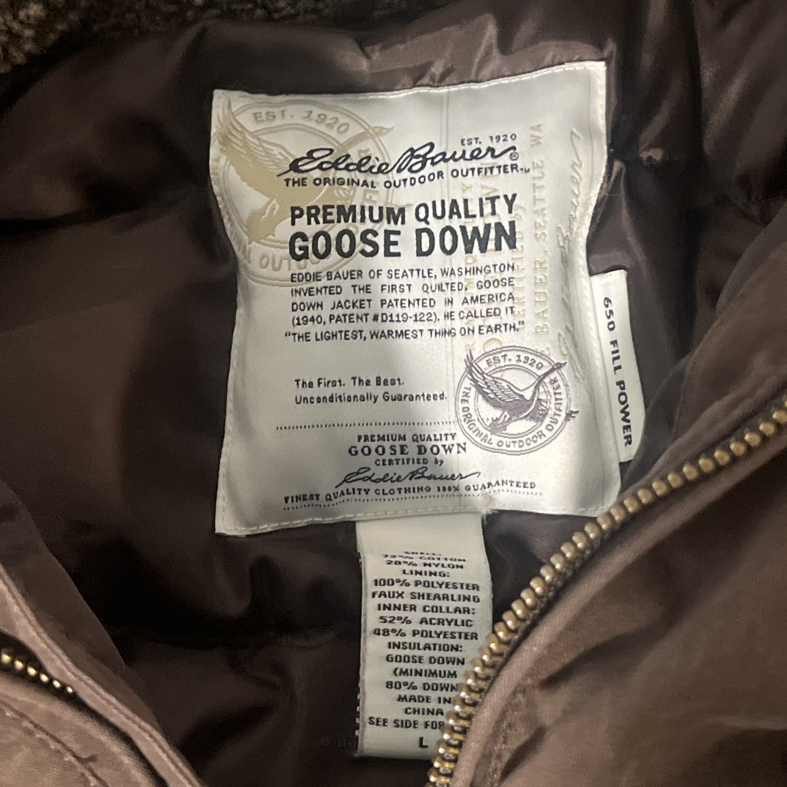 Eddie Bauer Premium Goose Down Hooded Winter Parka Jacket Brown Size Large