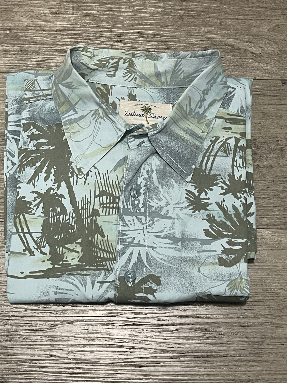 Island Shores Men’s Short Sleeve Light Blue Green Palm Trees L