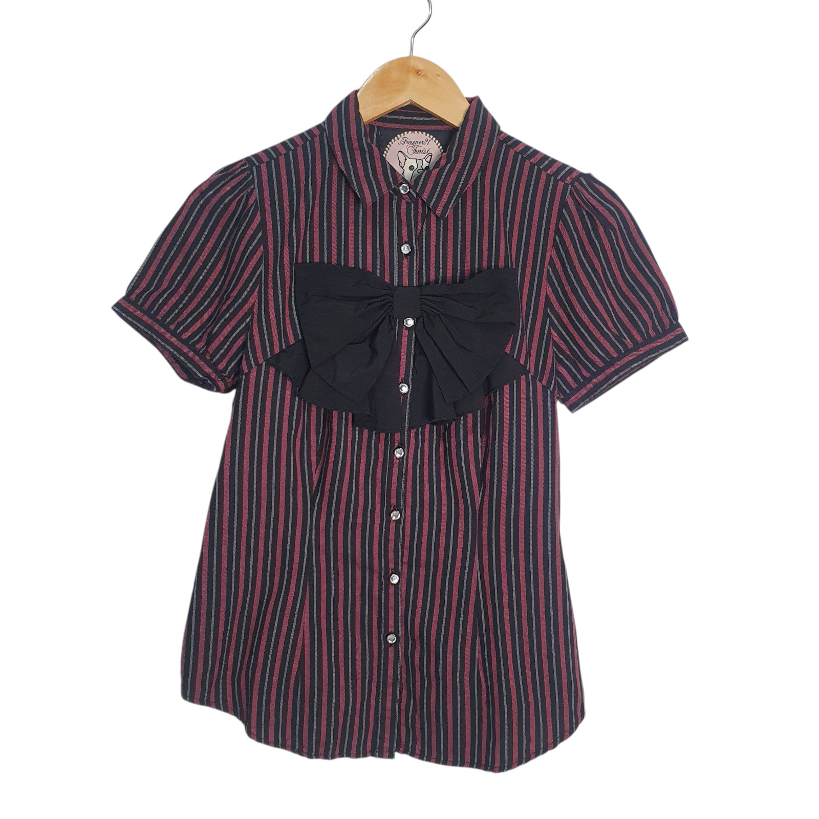 Forever 21 Twist Size M Vintage Maroon Black Stripe Bow Rhinestone Button Shirt