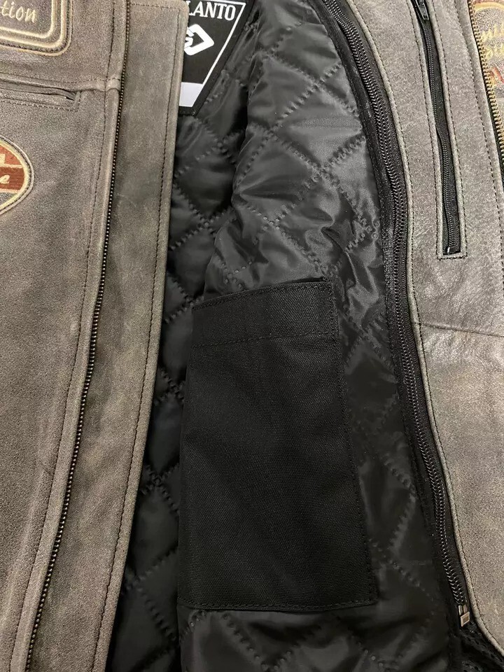 Mens British Motorcycle Black Wax Leather Badges Jacket Biker Tan Green Striped