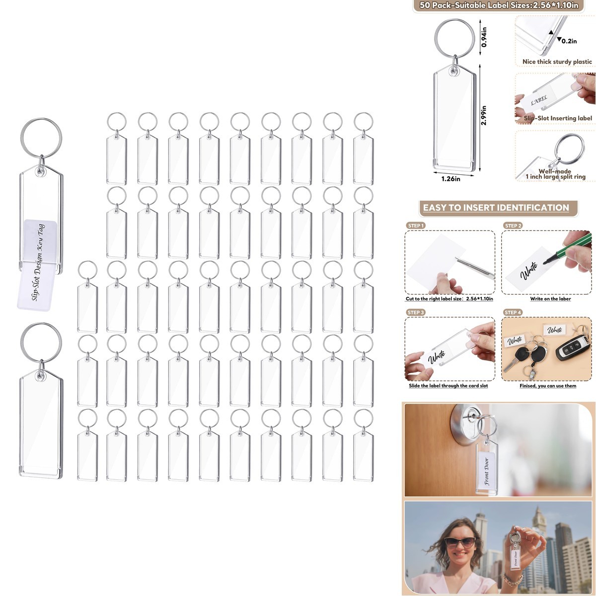 Huquary 50 Pcs 3 Inch Plastic Key Tags Clear Slip Slot Photo Key Tag Split Ring